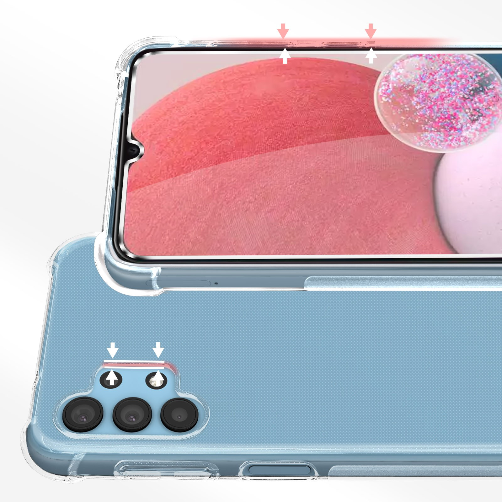 Custodia trasparente con retro blu chiaro e telefono. Sfondo rosa e glitter.