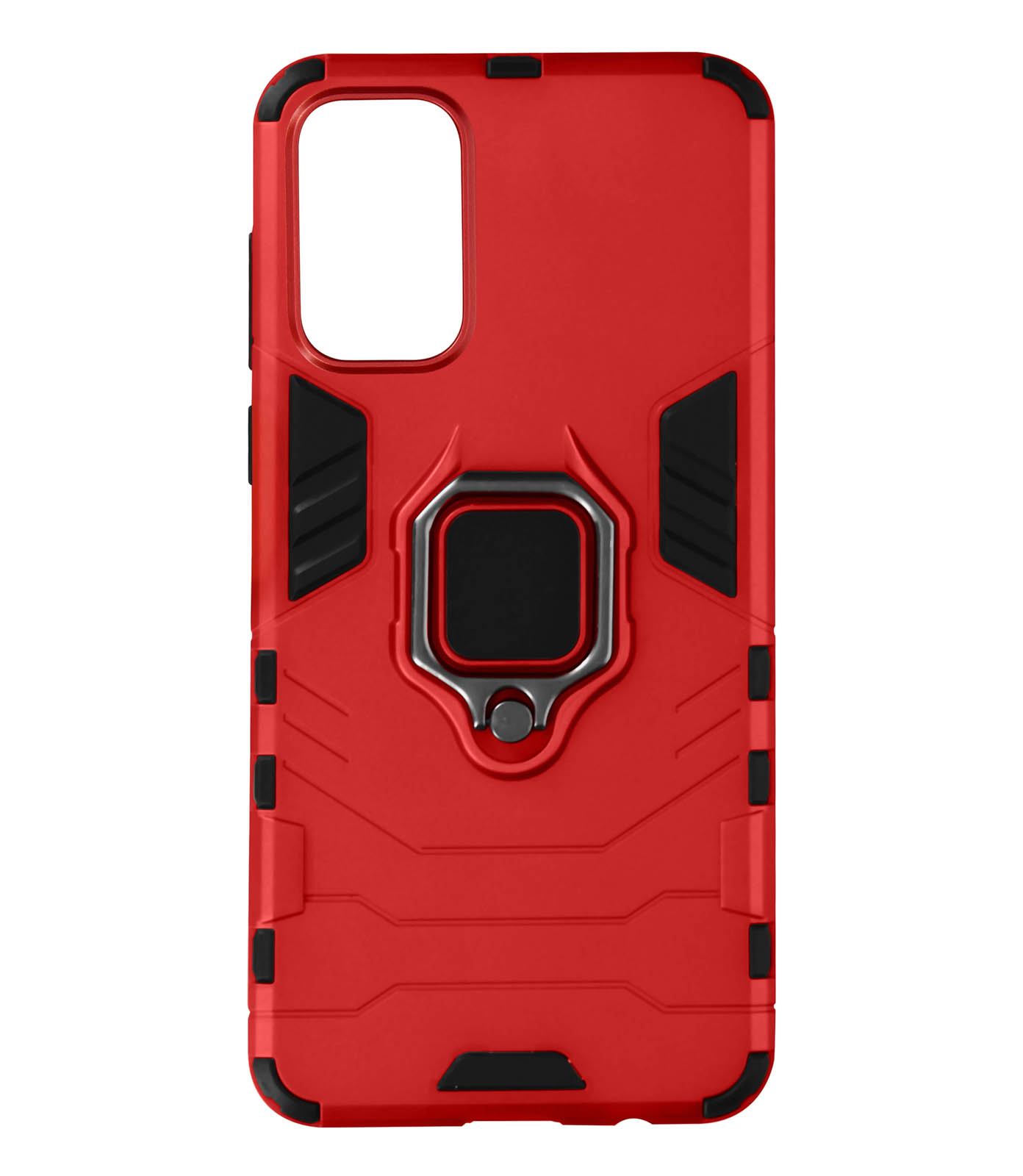 Custodia rossa per telefono con anello porta telefono. Il design è robusto.