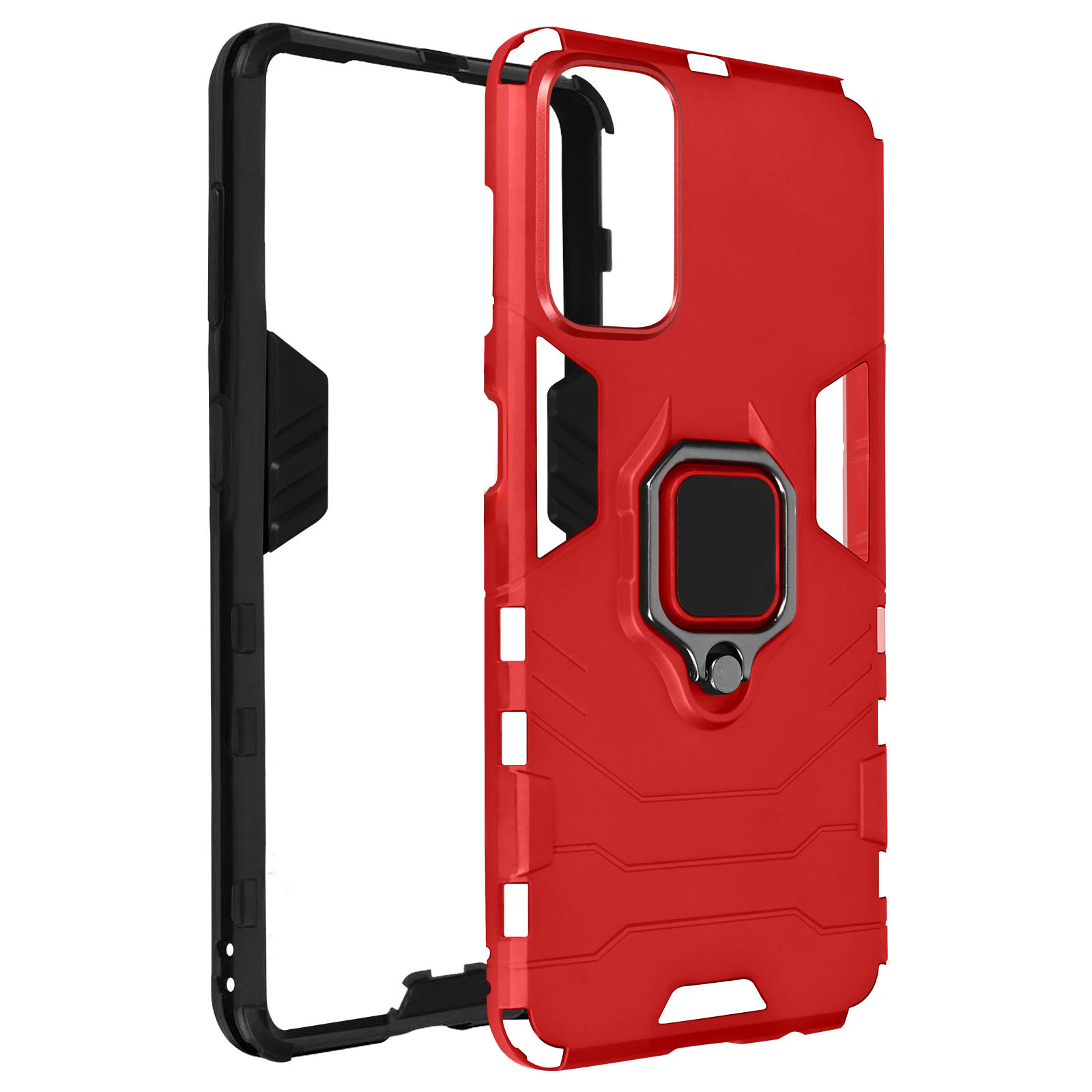 Una custodia per telefono rossa e nera, con un porta anello sul retro, separata.