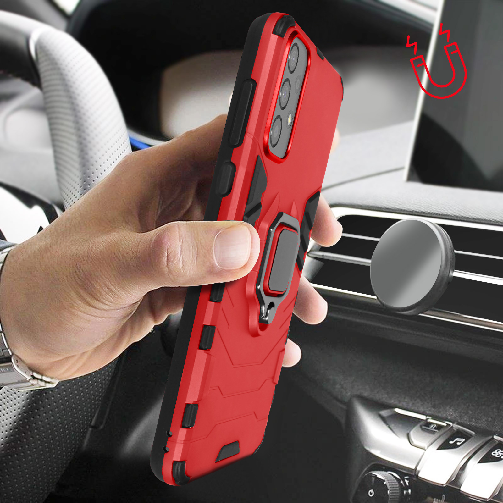 Mano che tiene una custodia rossa per telefono con un magnete vicino all'interno di un'auto.