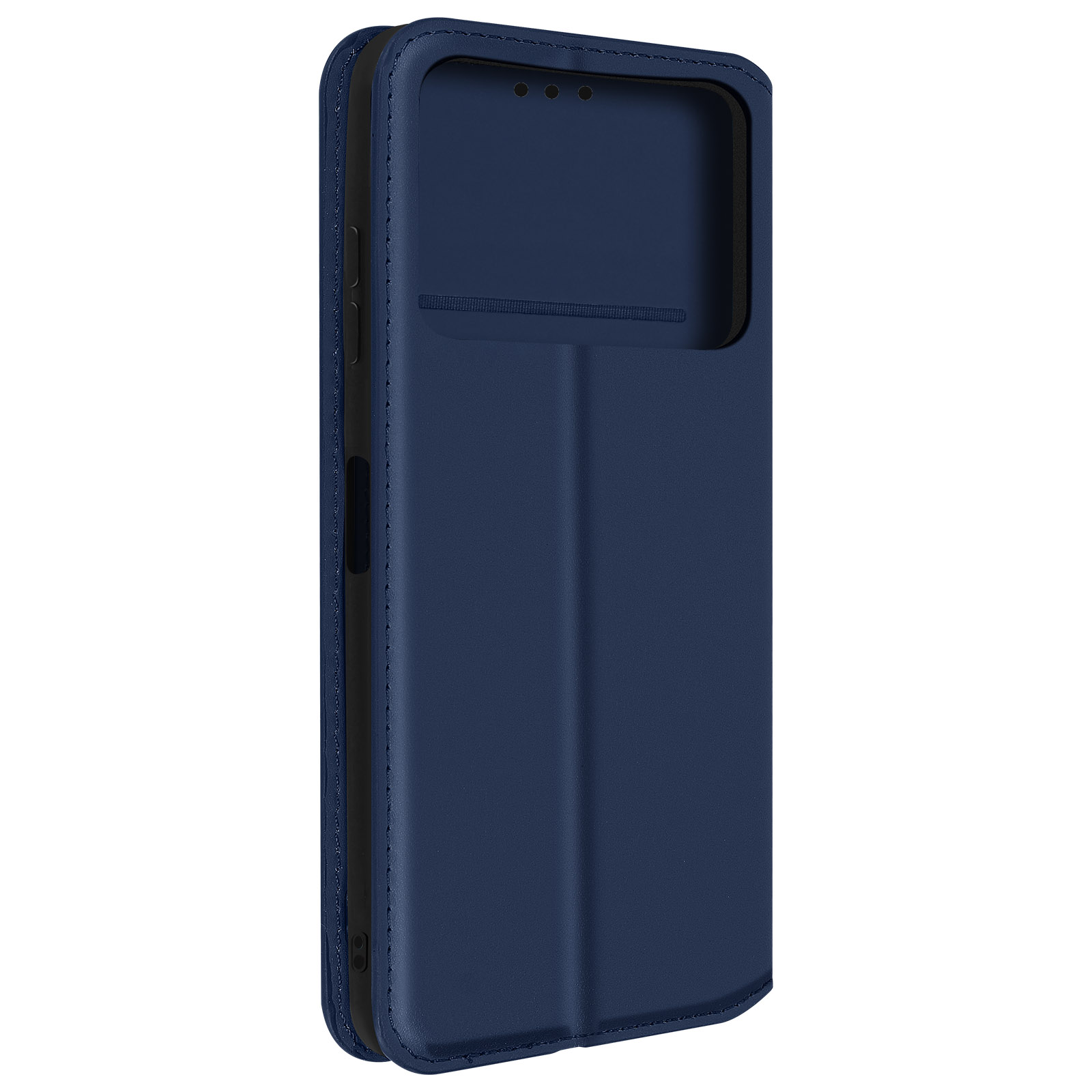 Étui de téléphone bleu marine en position fermée. Il a une fermeture magnétique.