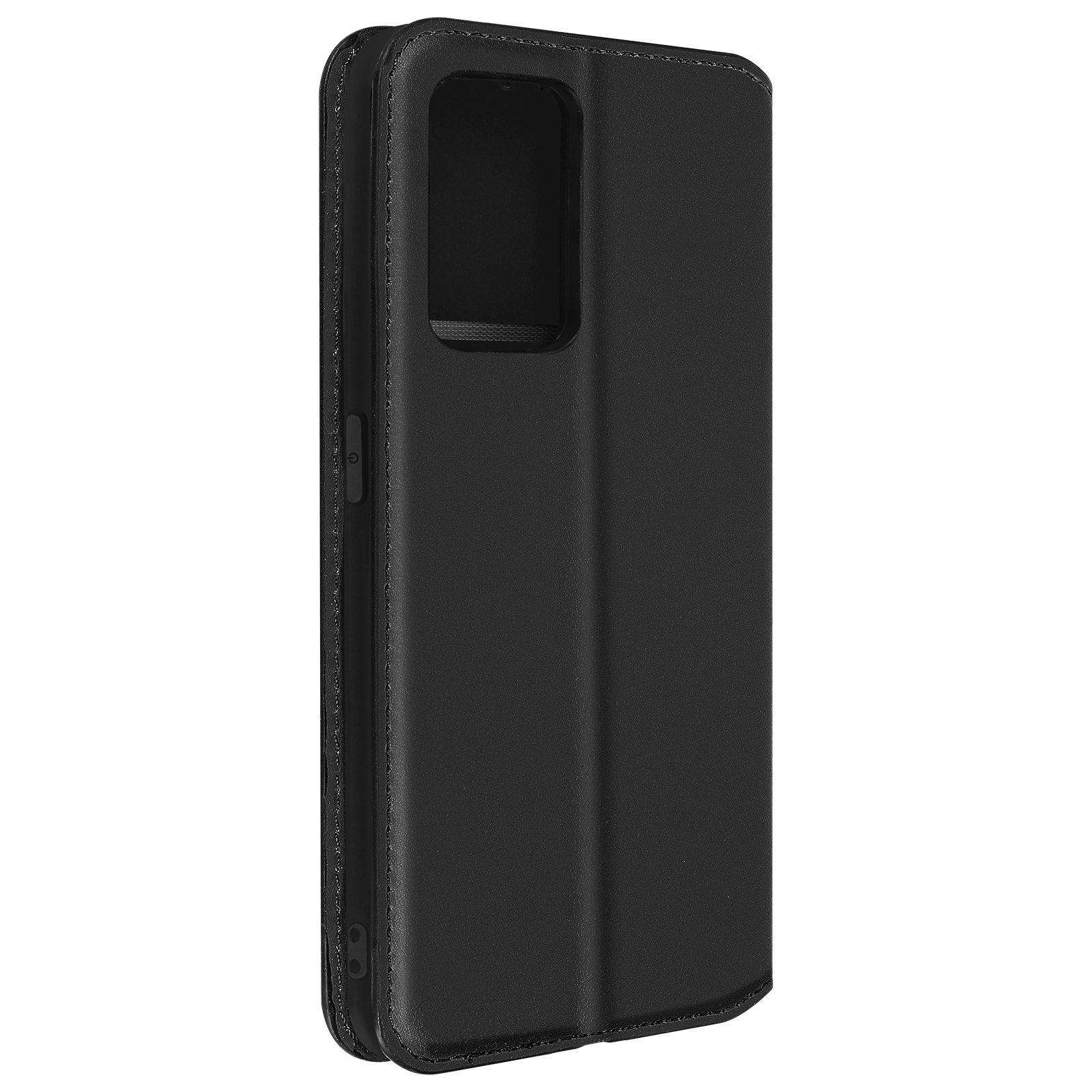 Zwarte telefoonhoes met rechthoekige camera-uitsparing. Gesloten en met gestikte rand.