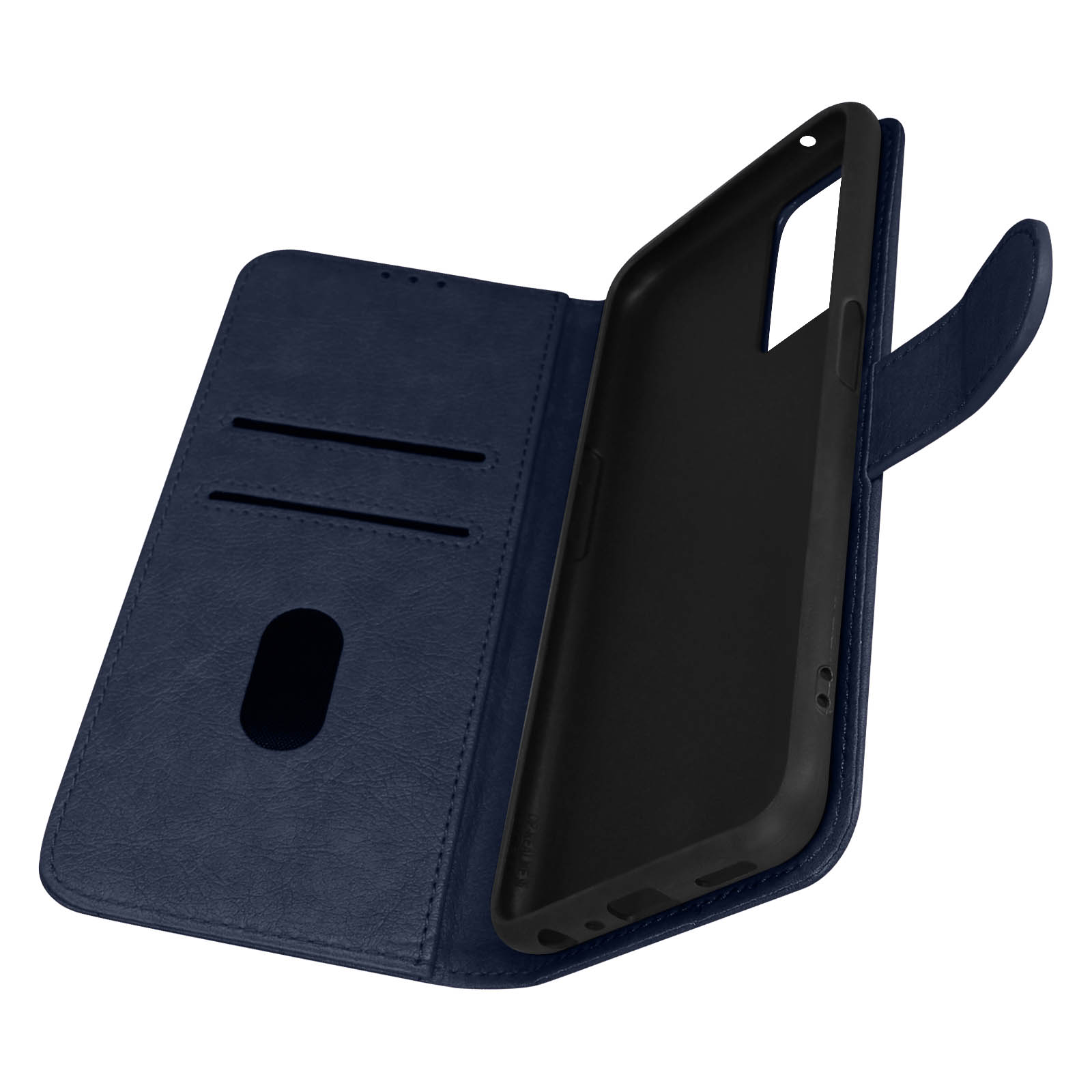 Étui de téléphone bleu, ouvert. Intérieur avec fentes pour cartes et support de téléphone. Contour noir du téléphone visible.