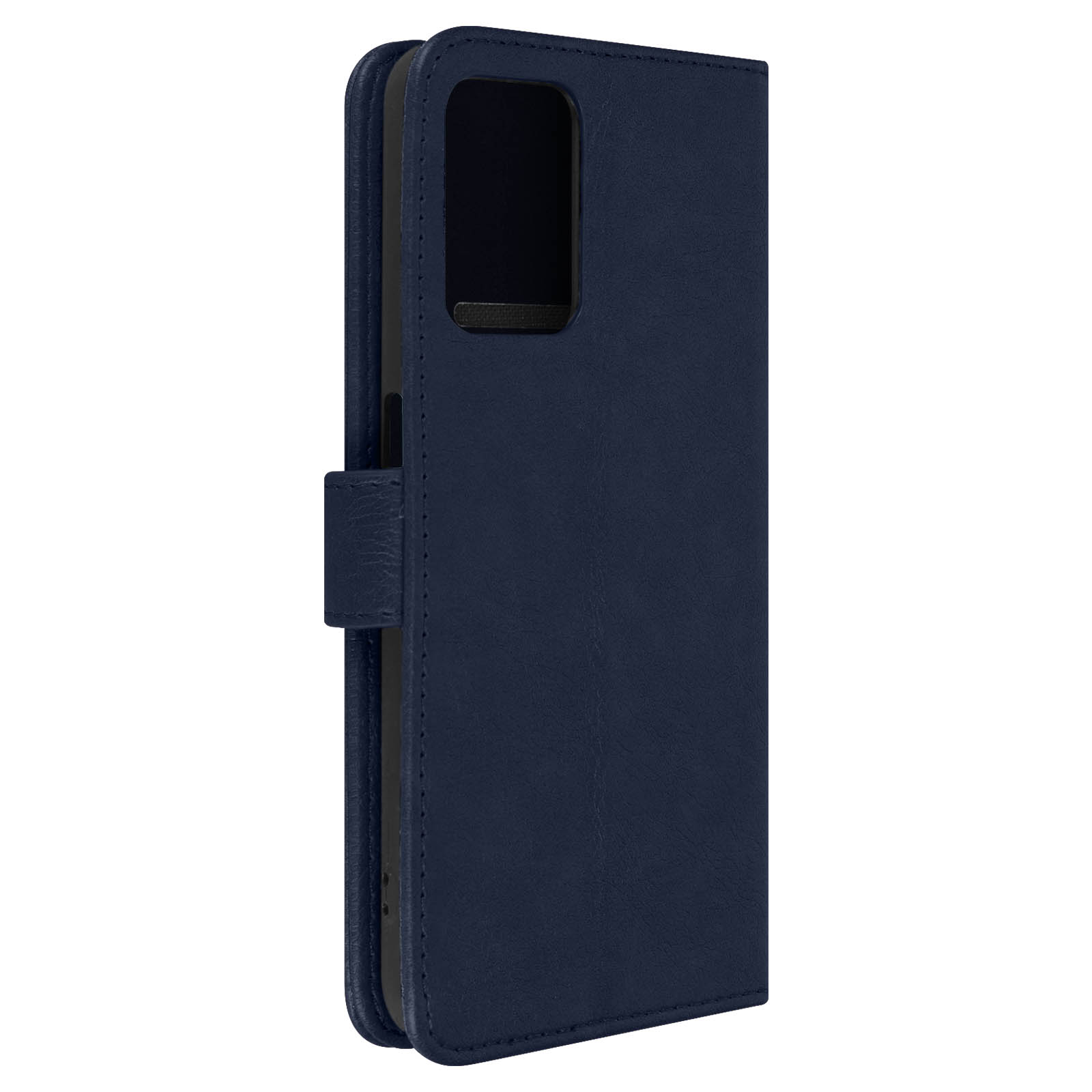Un étui de téléphone bleu foncé fermé. Le téléphone est à l'intérieur et il y a un fermoir magnétique.