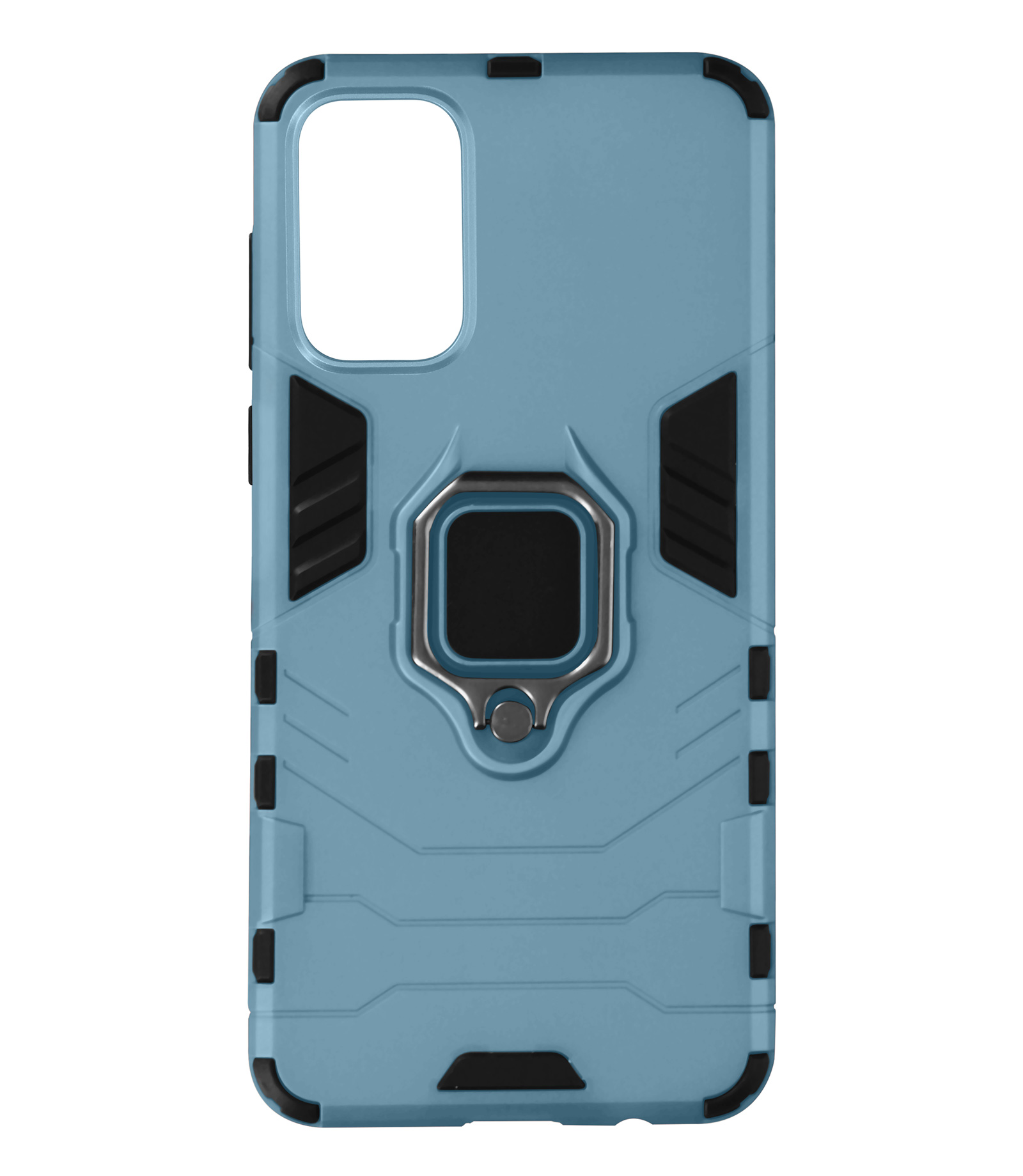 Custodia per telefono azzurra, dettagli neri, supporto ad anello e design strutturato.