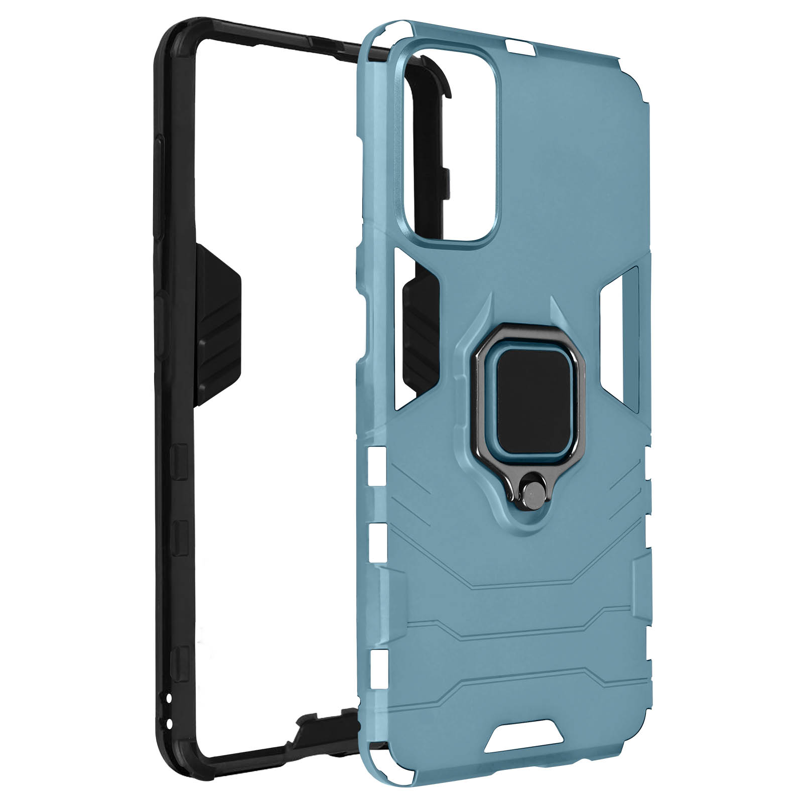 Custodia per telefono blu con cornice nera e anello. Lo sfondo è bianco. La cornice è aperta.
