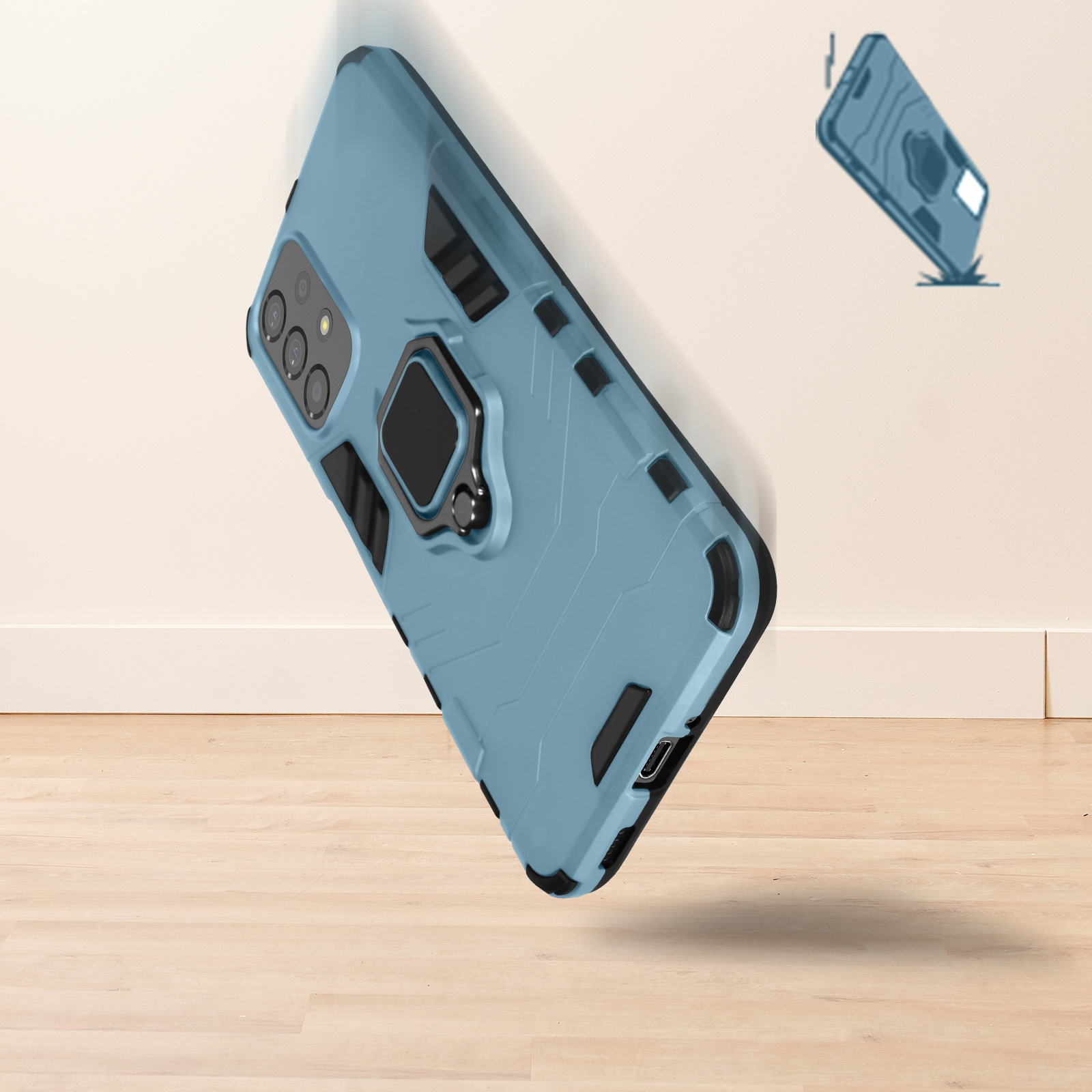 Custodia blu per telefono con un anello nero. La custodia sta cadendo. Lo sfondo è un pavimento in legno e un muro.