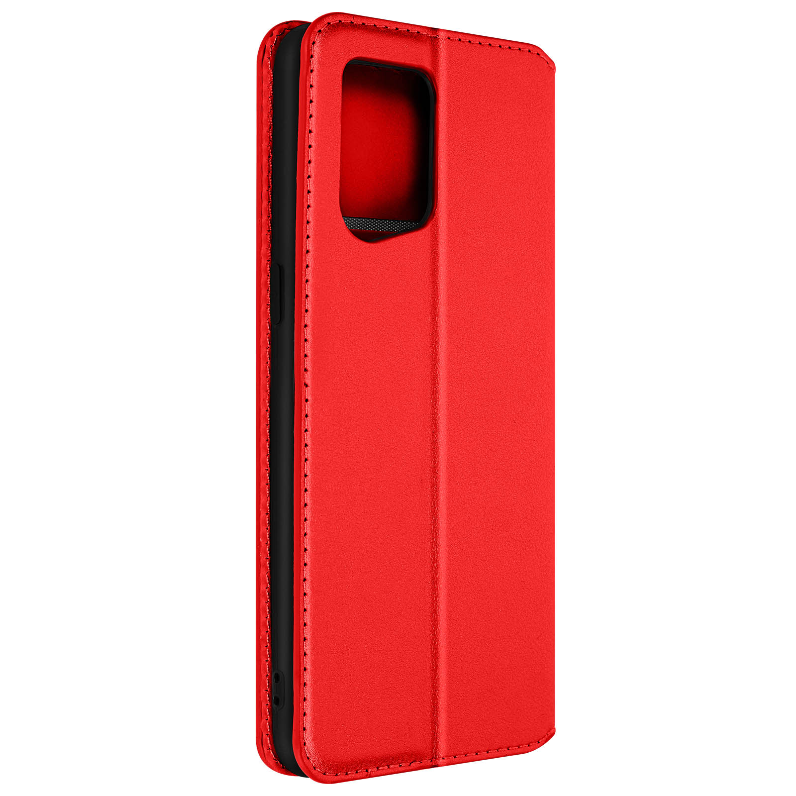 Custodia rossa per telefono, stile portafoglio, con finitura liscia e bordi cuciti quando è chiusa.