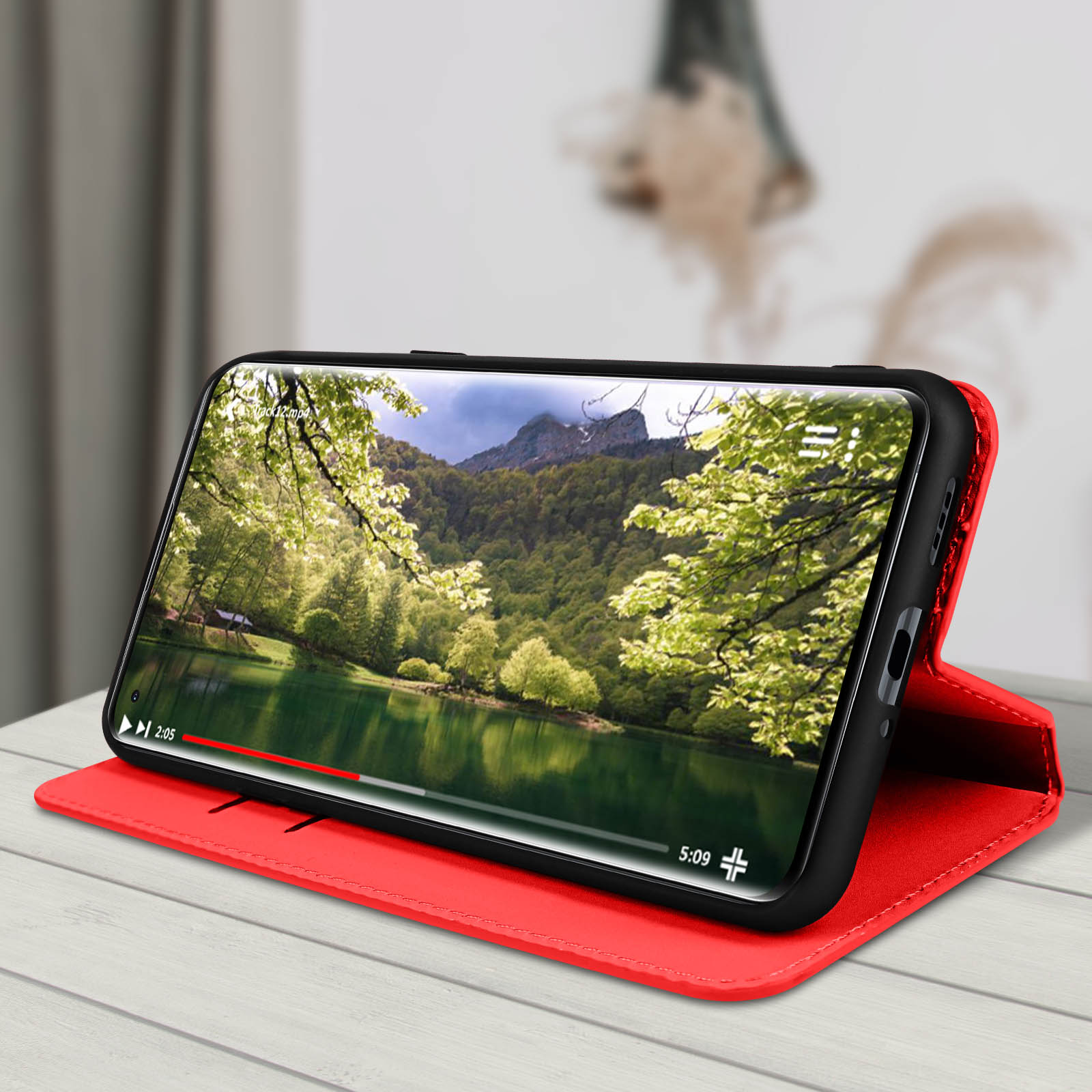 Un telefono in una custodia rossa riproduce un video di un lago e montagne. Custodia aperta.