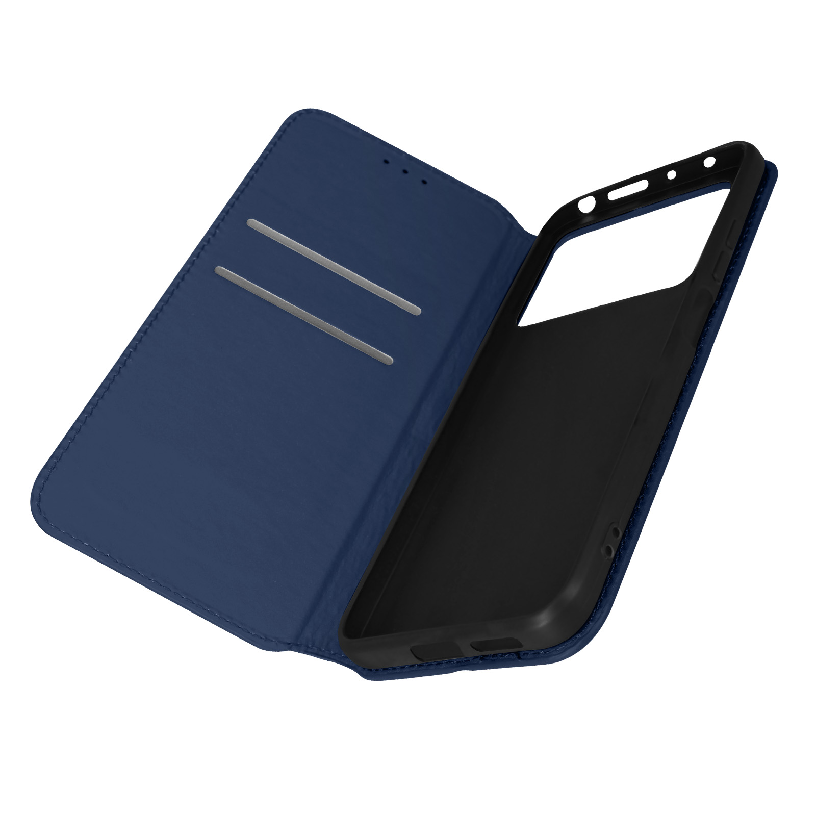 Custodia blu aperta, con fessure e supporto per telefono.