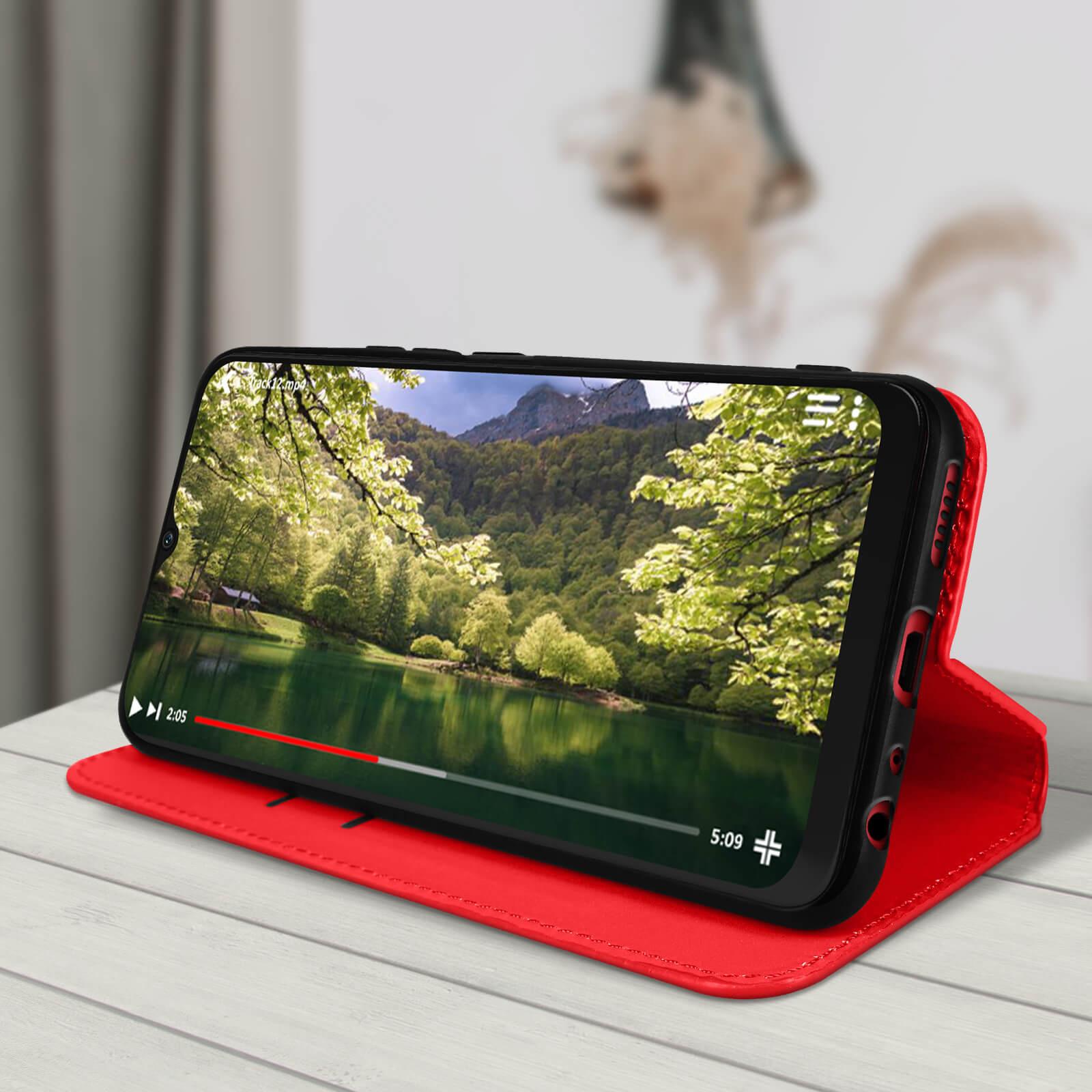 Un telefono in una custodia rossa mostra un video di un paesaggio con un lago e alberi. Il telefono è su legno.
