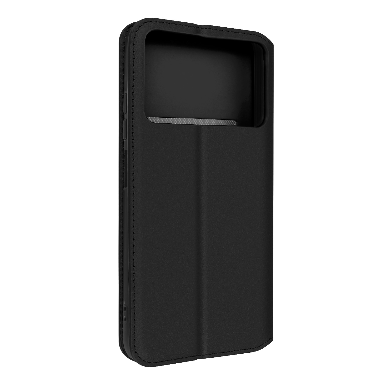 Custodia nera per telefono, chiusa. Ha un'apertura a finestra per la fotocamera. Il telefono non è visibile.