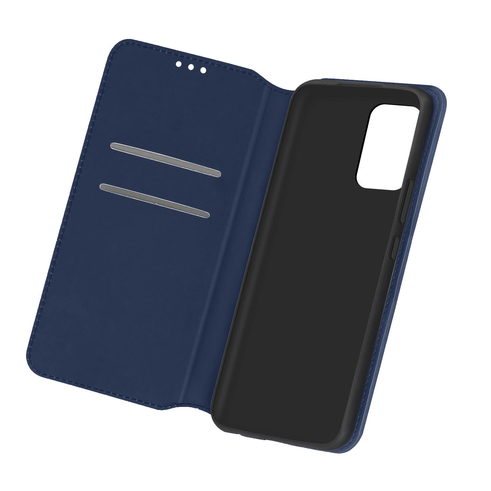 Open blauwe telefoonhoes met een zwarte telefoon erin. De hoes heeft kaartsleuven.