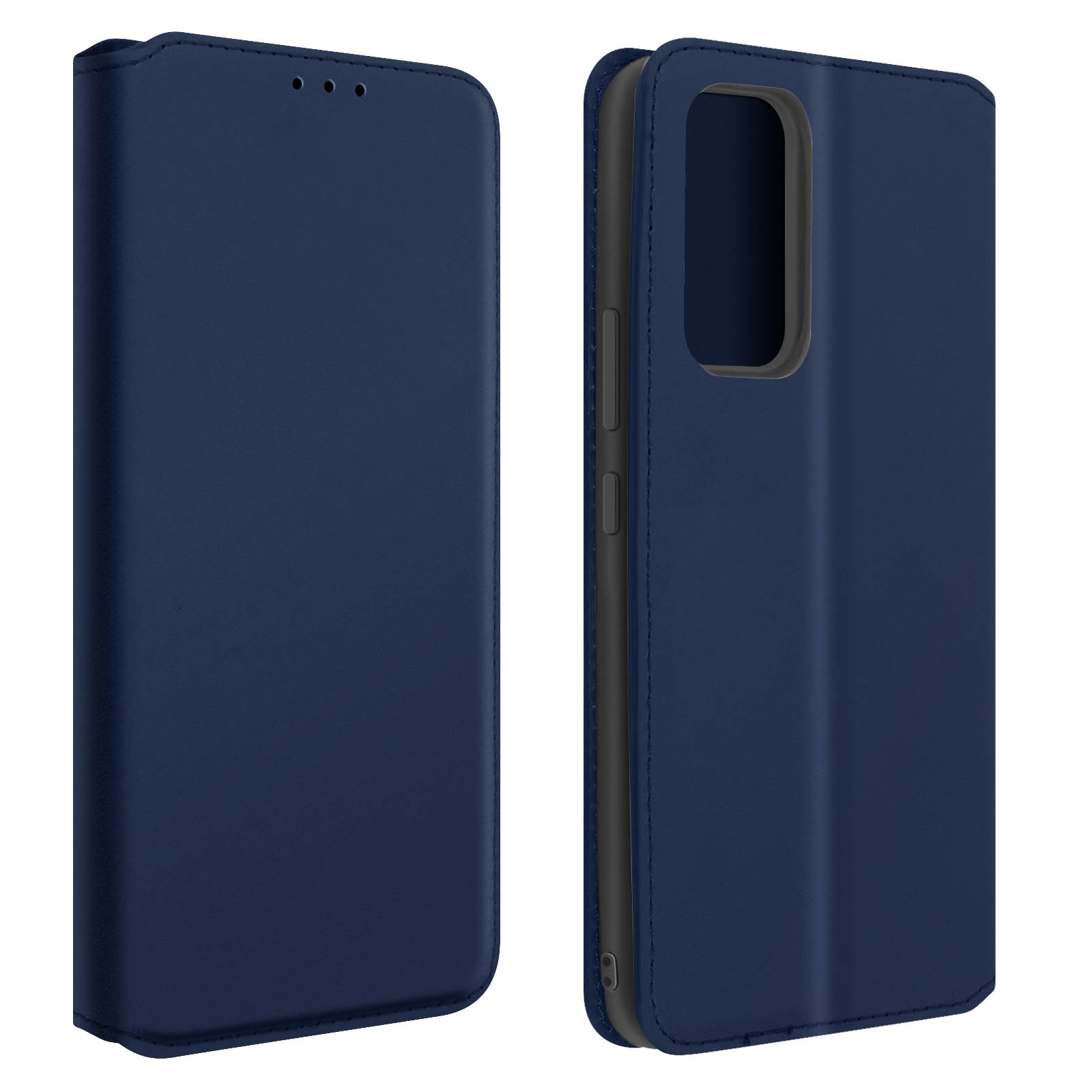 Twee marineblauwe telefoonhoesjes. Eén open, één dicht. De hoes heeft gaten voor de camera.