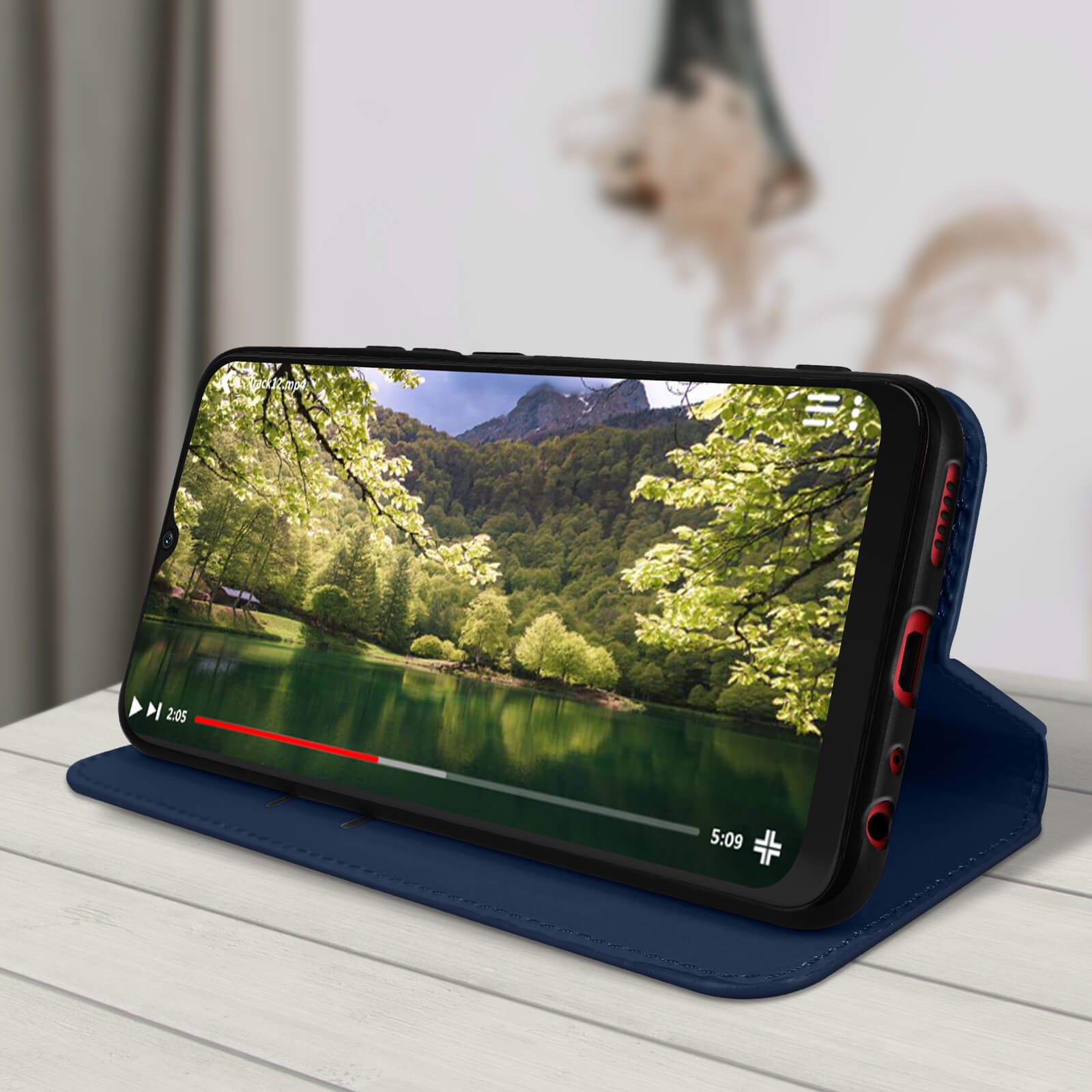 Telefono in una custodia che riproduce un video di un lago e alberi.