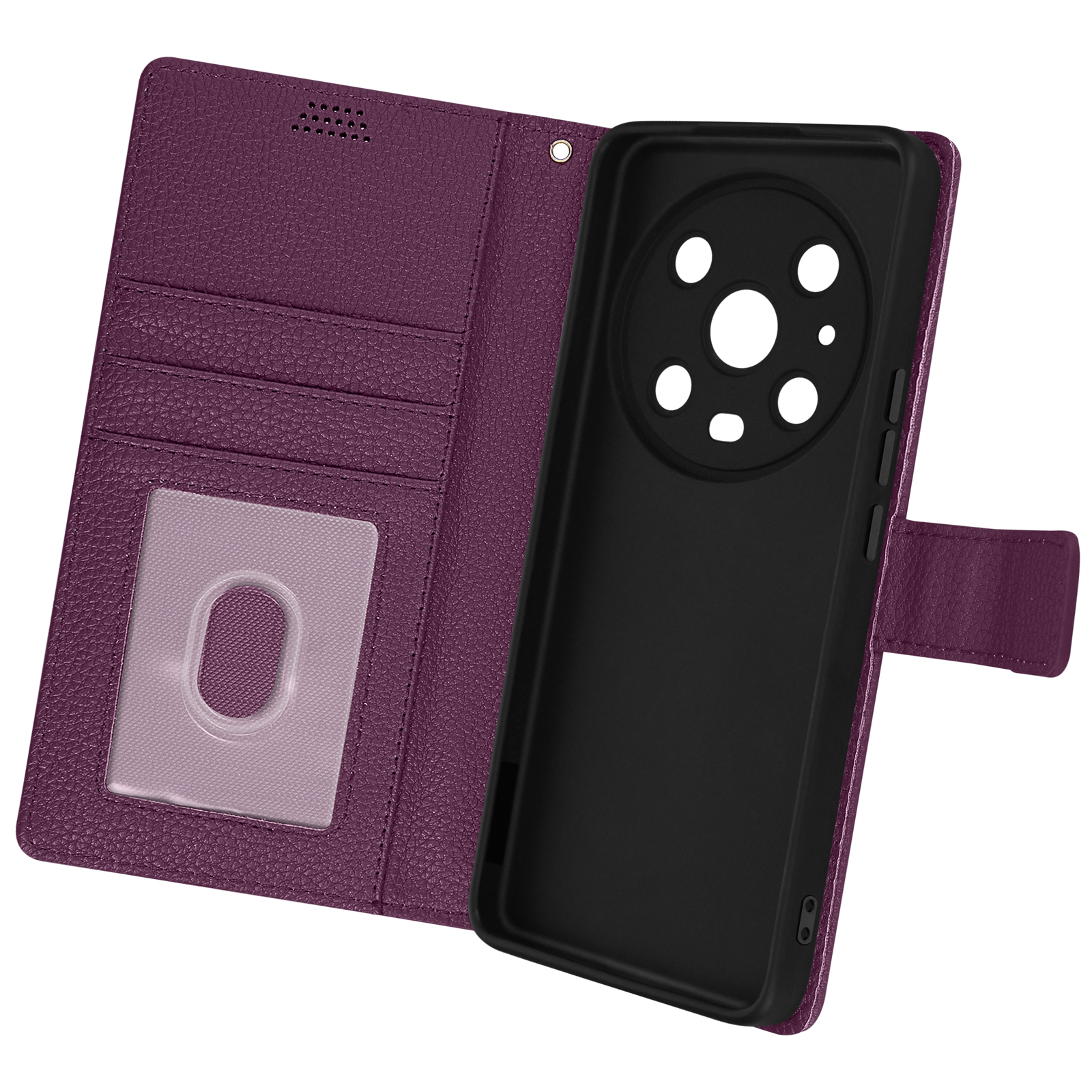 Custodia per telefono viola, aperta, che mostra il telefono. Fessure per carte, custodia nera.