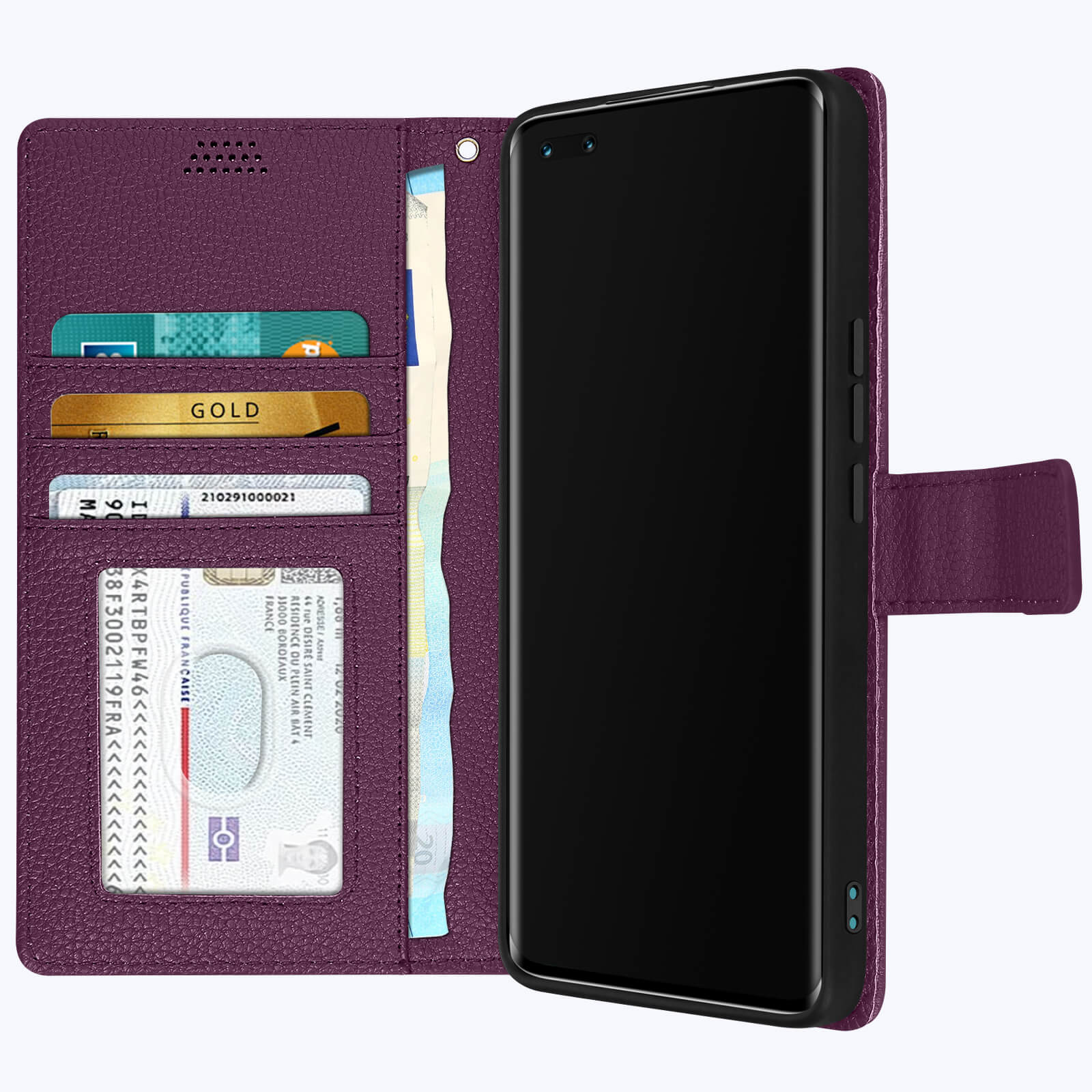 Una custodia viola aperta con telefono dentro. Carte e denaro nella custodia.