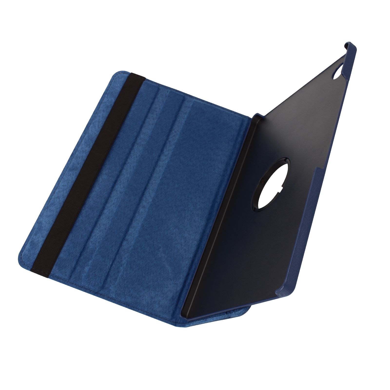 Custodia blu per tablet, aperta, con interno nero. Fascia elastica nera. Sfondo bianco.