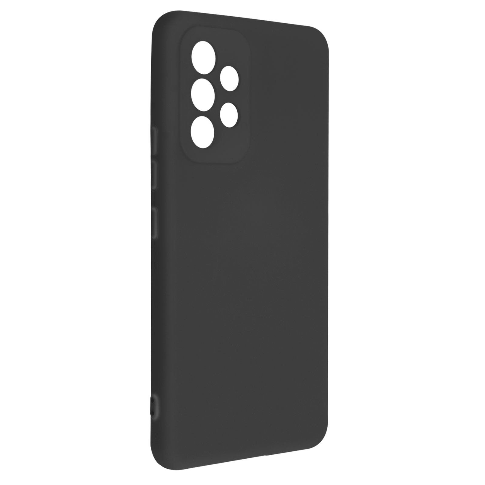 Zwarte telefoonhoes met cameragaten. De hoes heeft een glad oppervlak en is geïsoleerd.