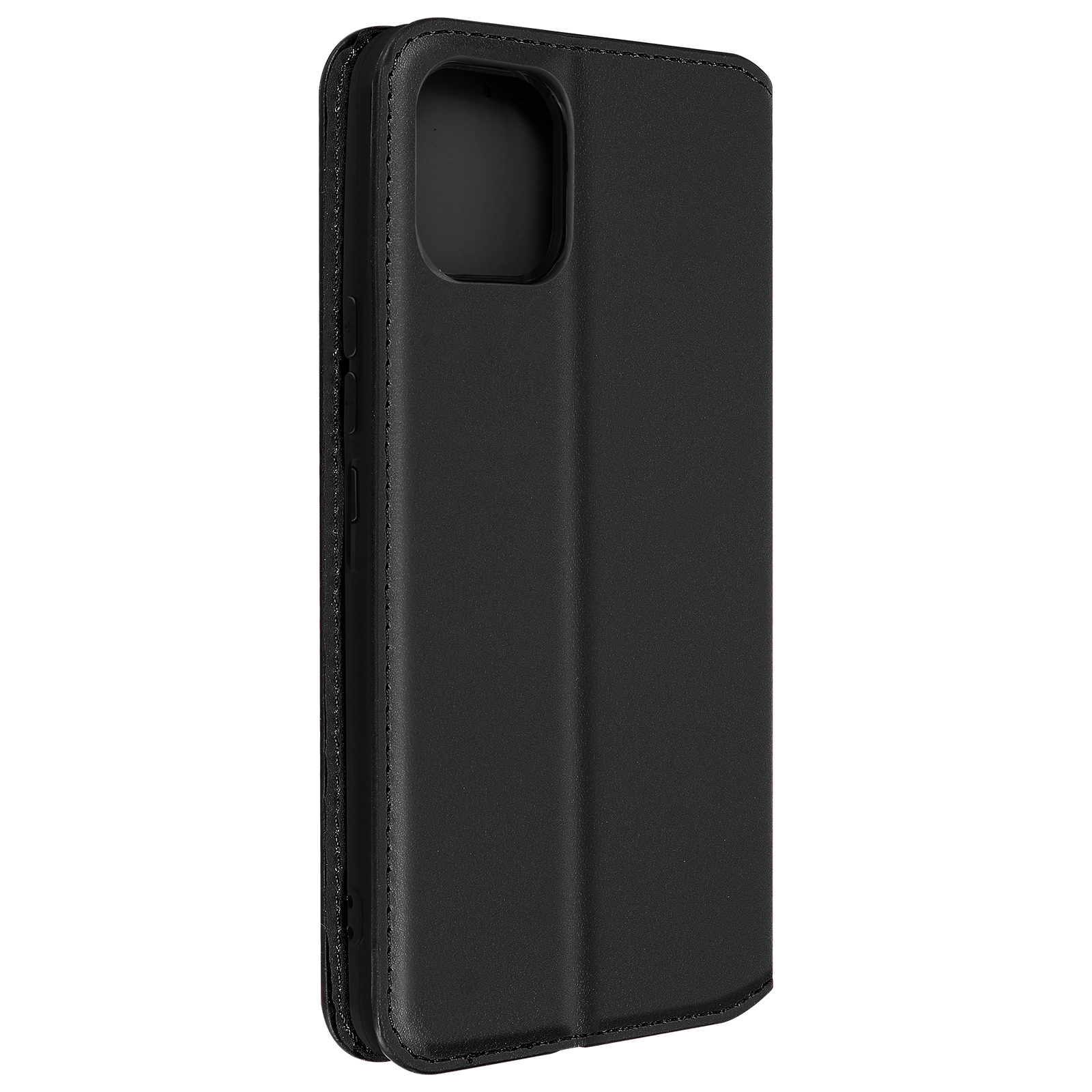 Een gesloten zwarte telefoonhoes. De hoes is van leer en heeft stiksels rond de randen.