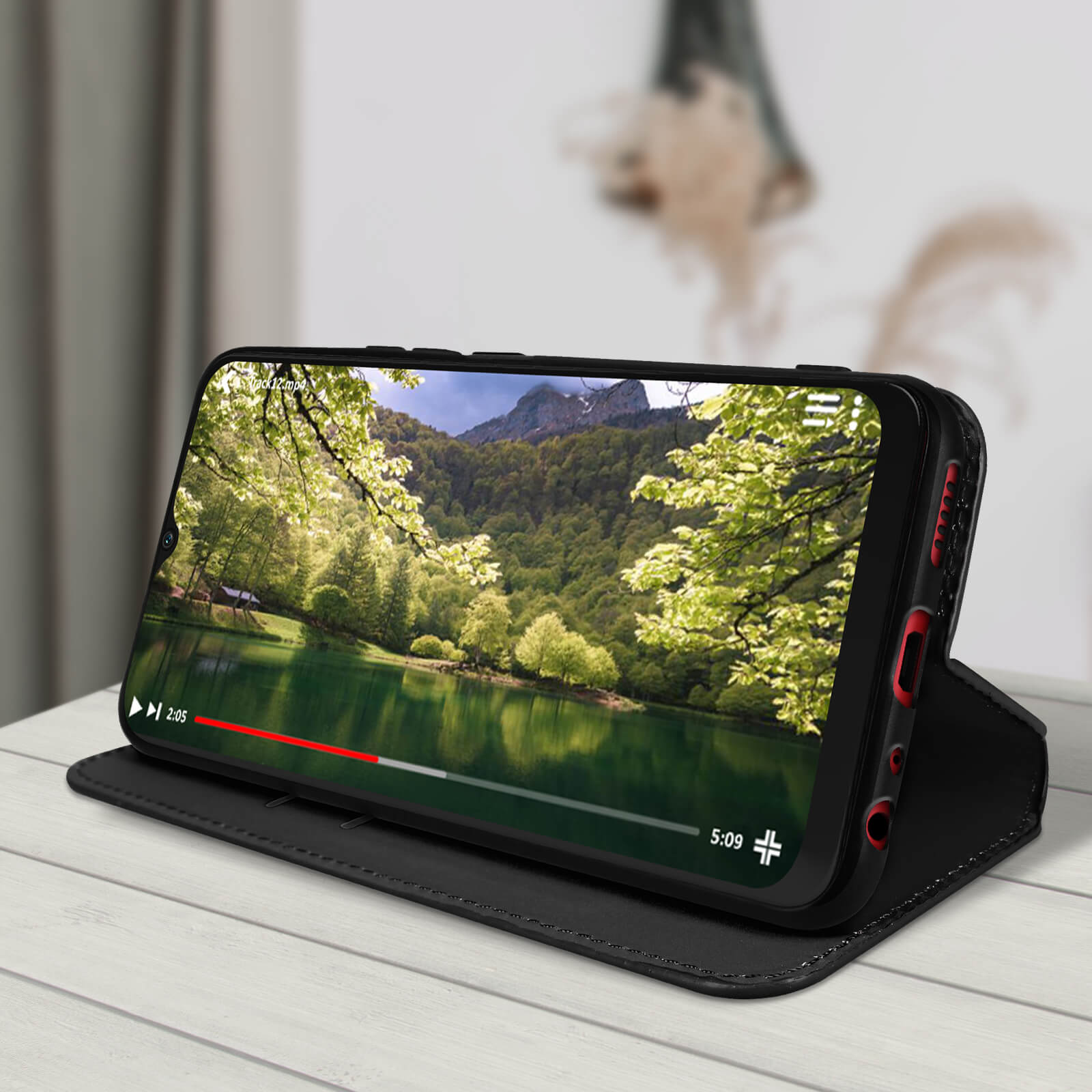 Un téléphone affiche une vidéo d'une scène de lac, posé sur un étui noir.