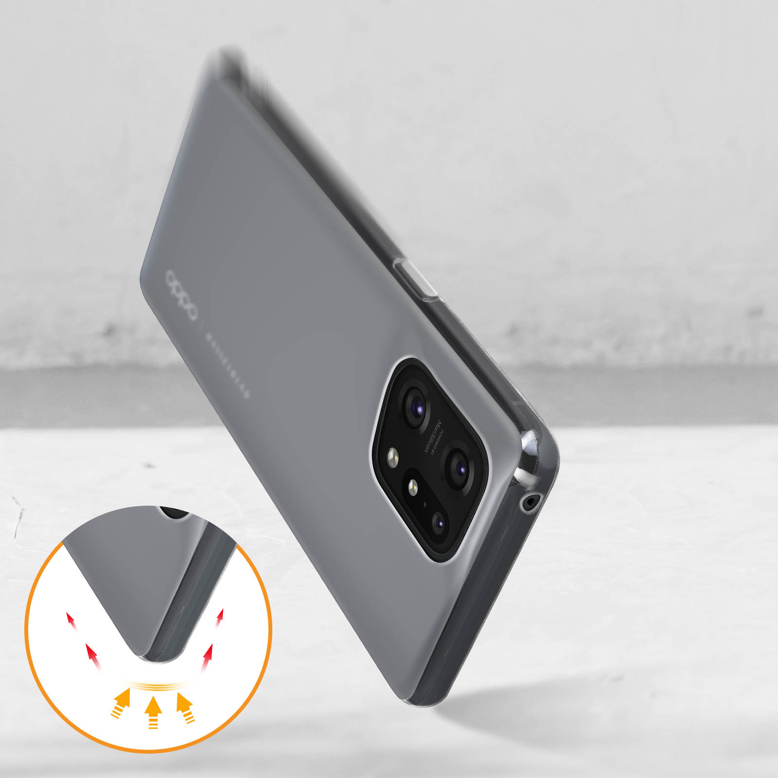 Stürzende Handyhülle. Graue Hülle mit durchsichtigem Rücken. Das Telefon befindet sich in der Hülle.
