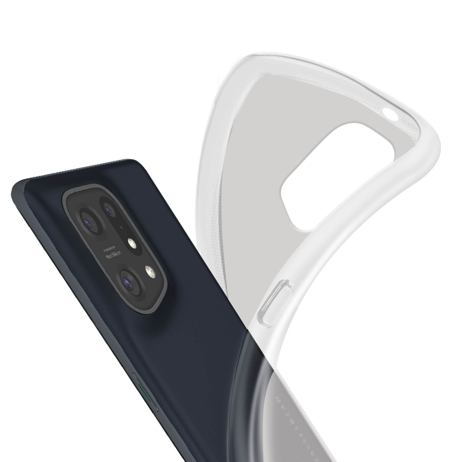 Transparente Handyhülle auf einem dunkelblauen Telefon, wobei die Kameralinsen sichtbar sind.