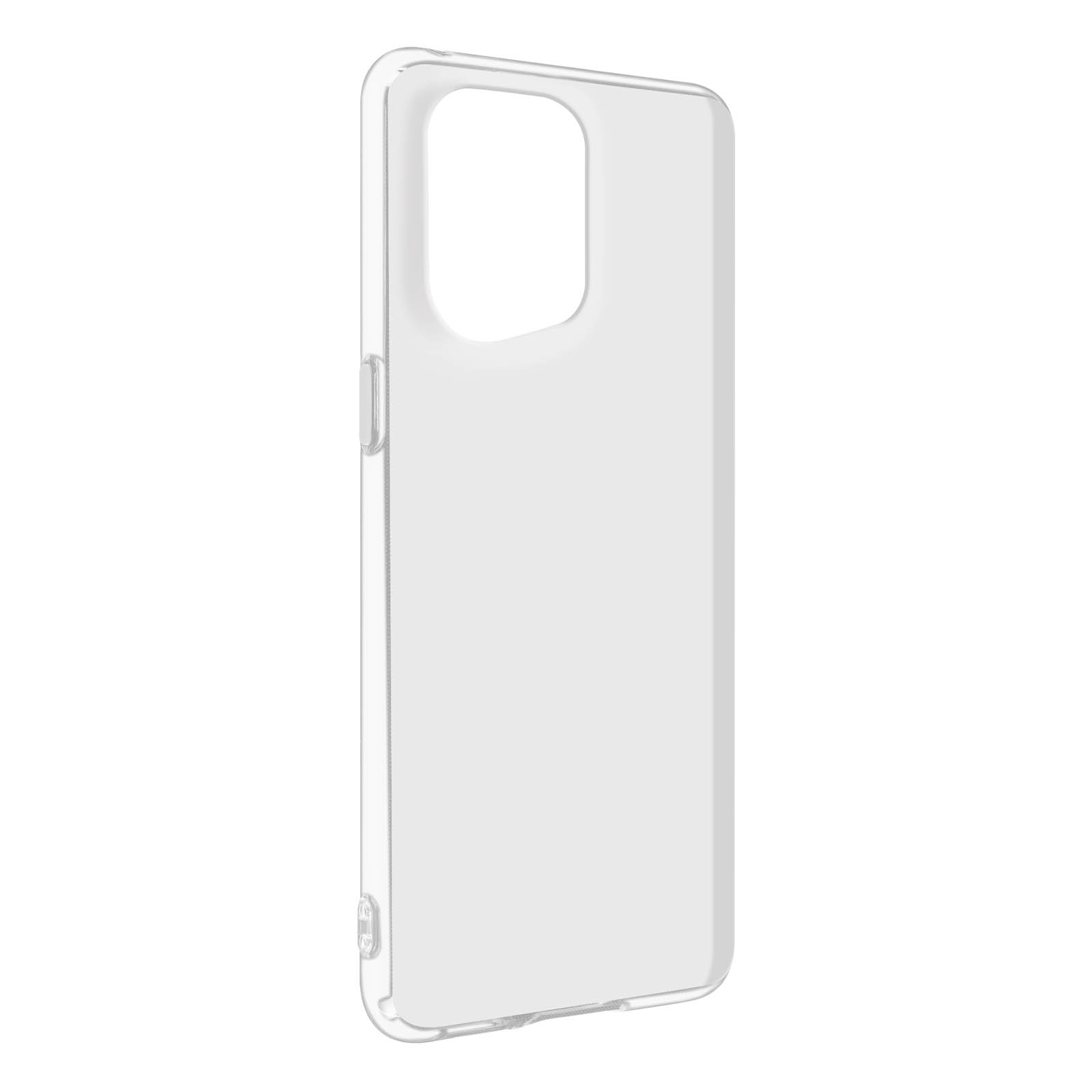 Custodia trasparente per telefono su sfondo bianco. Il ritaglio della fotocamera è visibile.