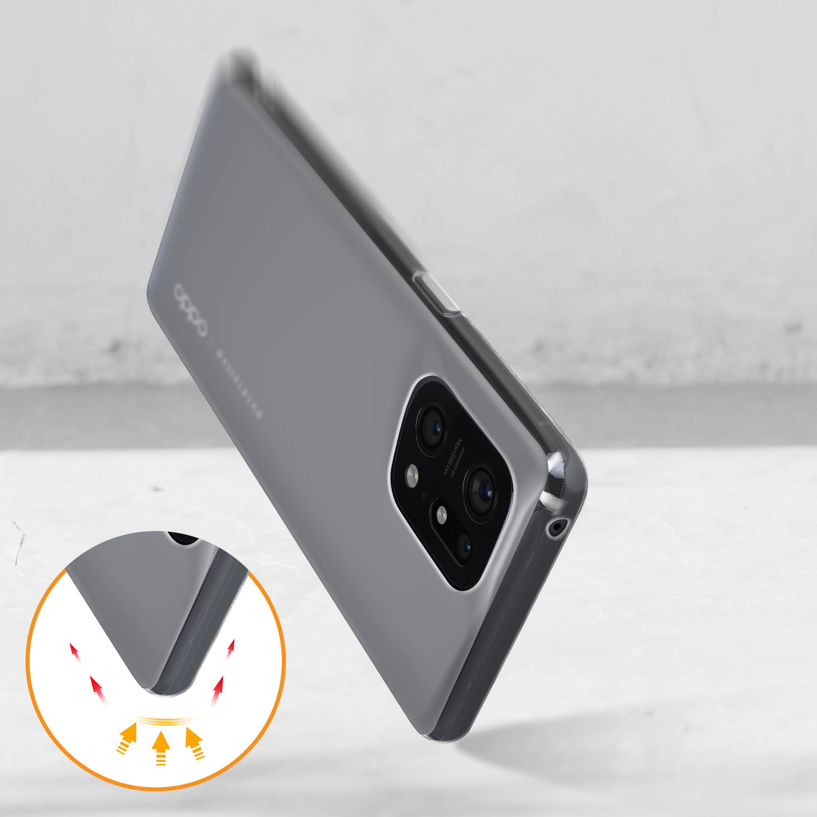 Custodia grigia per telefono angolata. Il retro del telefono è visibile. Sono presenti indicatori di impatto.