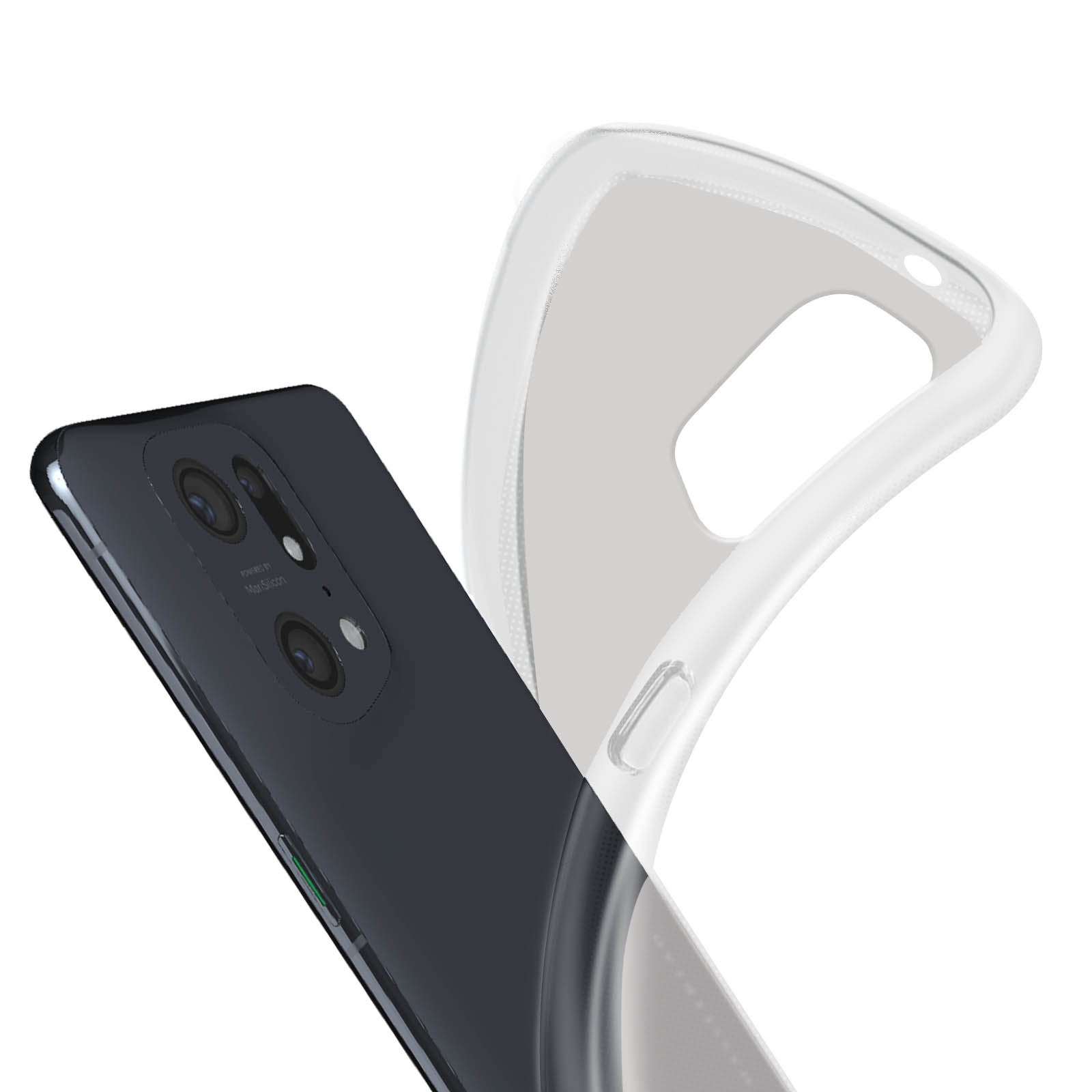 Un telefono nero con custodia trasparente, leggermente angolato. Fotocamera visibile.
