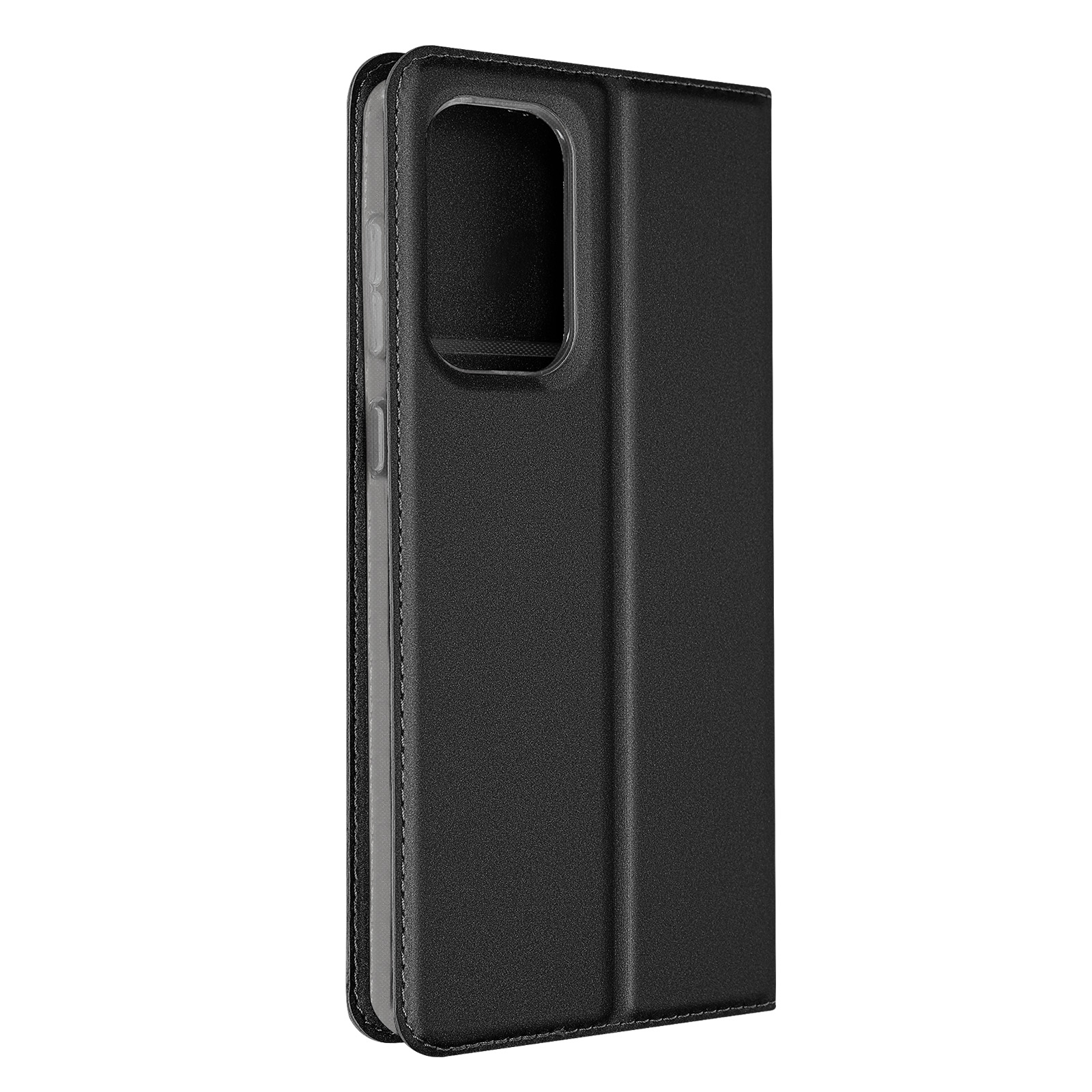 Custodia per telefono nera chiusa. La custodia è chiusa, con un telefono all'interno, la superficie è piatta.