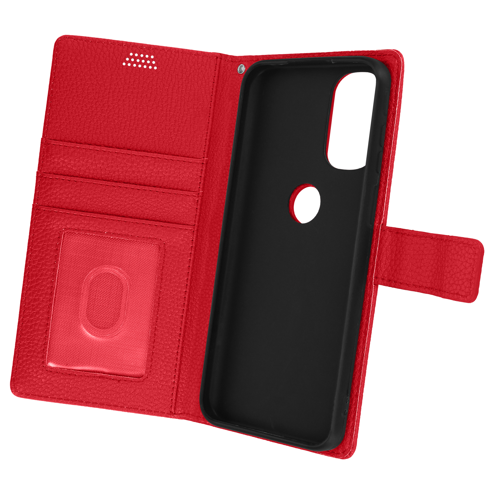 Custodia in pelle rossa, aperta con interno nero e fessure per carte.
