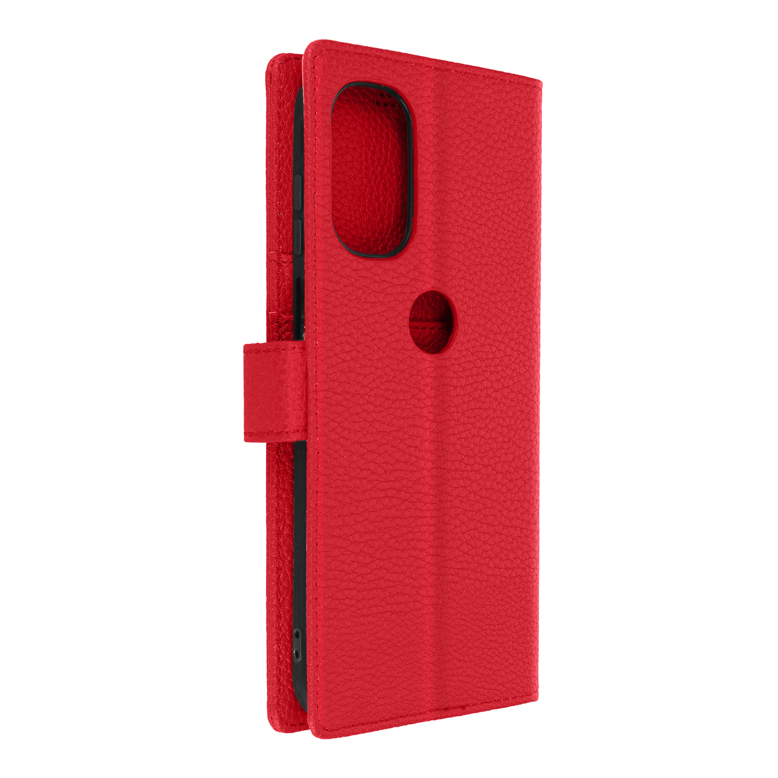 Una custodia per telefono rossa, aperta, che mostra l'interno con un telefono. La custodia ha una cinghia.
