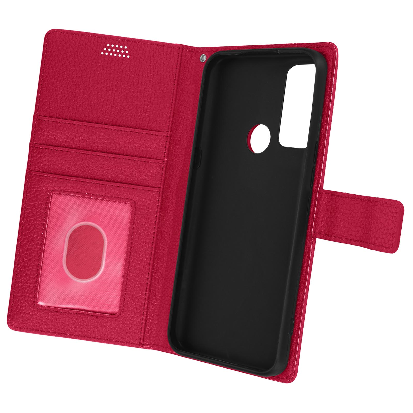 Custodia per telefono: Rossa, aperta, con fessure per carte. Telefono nero dentro.