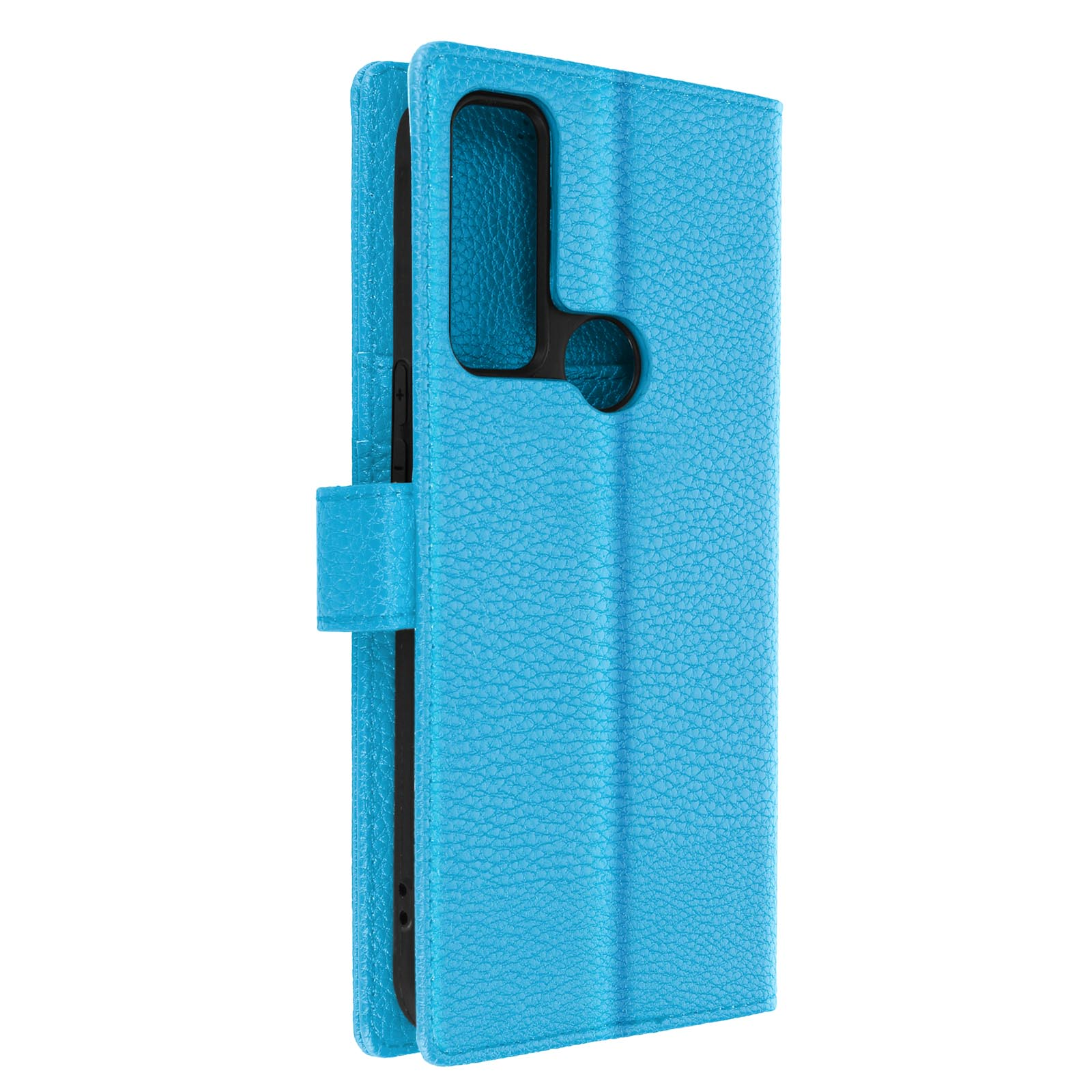 Custodia per telefono blu chiaro chiusa. La custodia è in materiale strutturato e ha una chiusura magnetica.