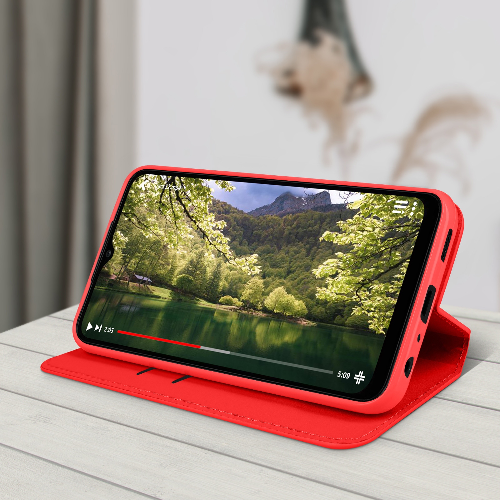 Telefon zeigt Video von Wald und See, in roter Handyhülle.