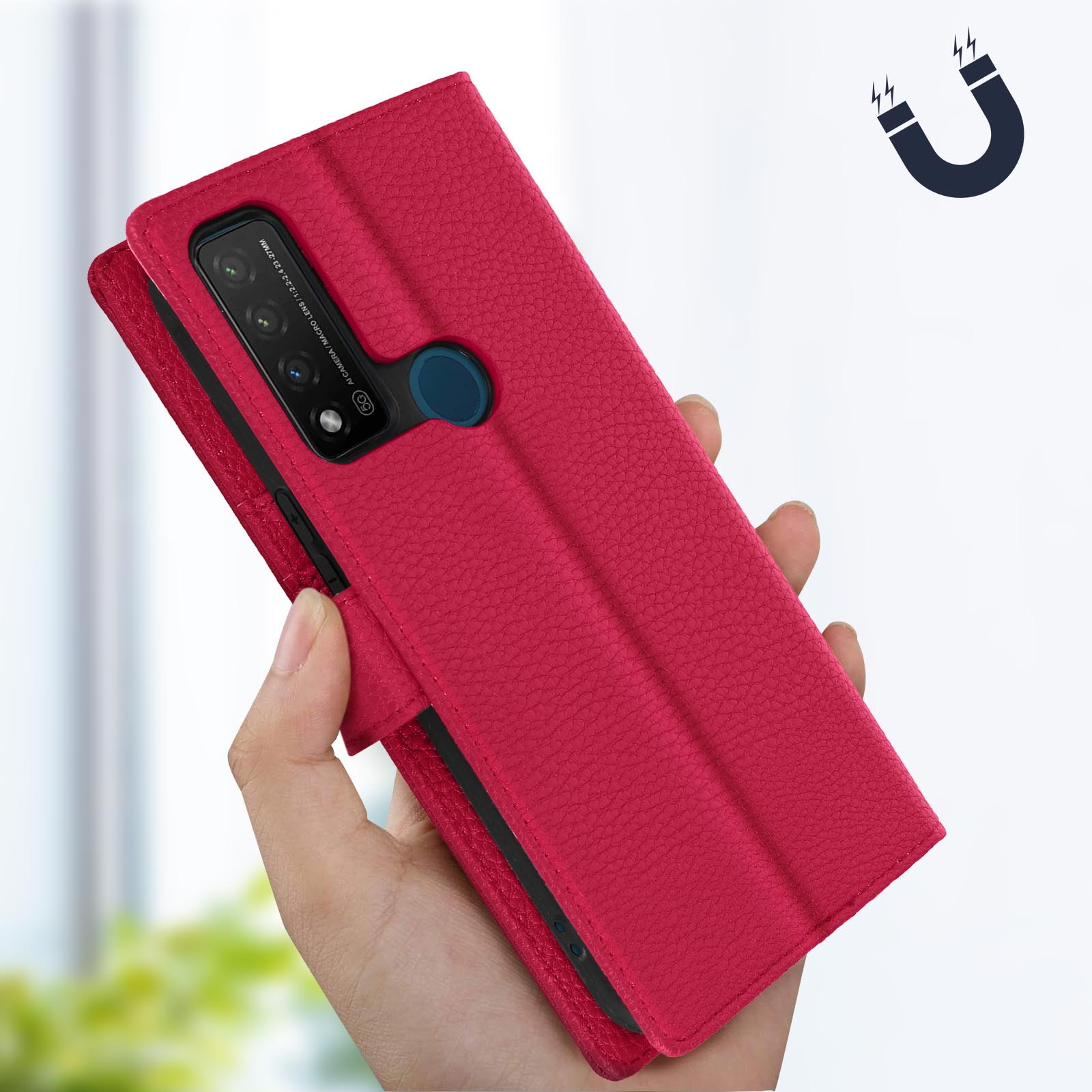 Una mano che tiene una custodia rossa per telefono. La custodia è chiusa e strutturata.