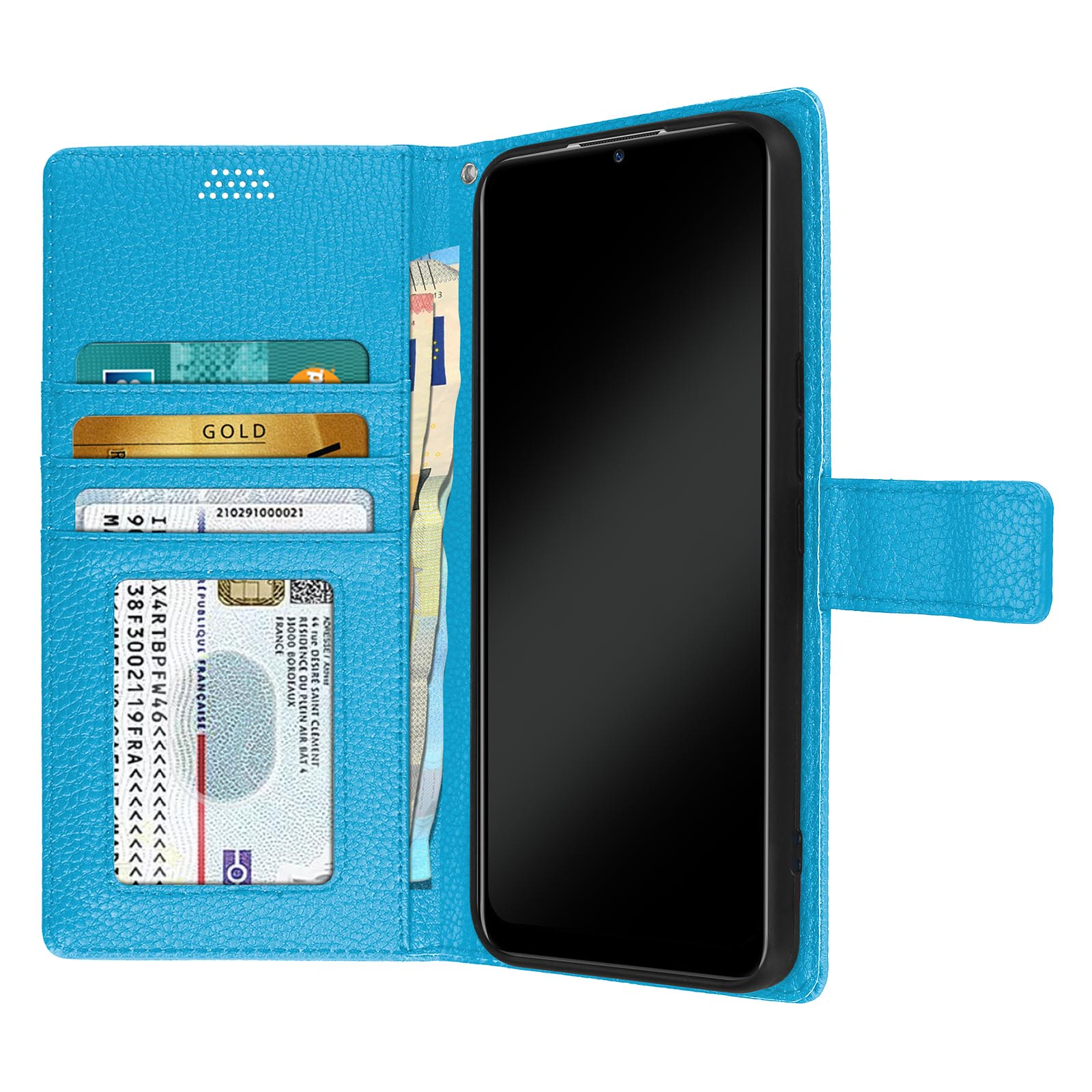 Portafoglio blu per telefono con telefono all'interno. Le carte sono visibili.
