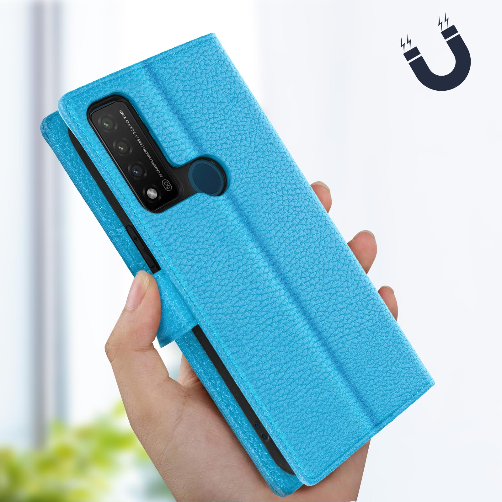 Custodia blu per telefono, telefono dentro, tenuto in mano. Simbolo del magnete sullo sfondo.