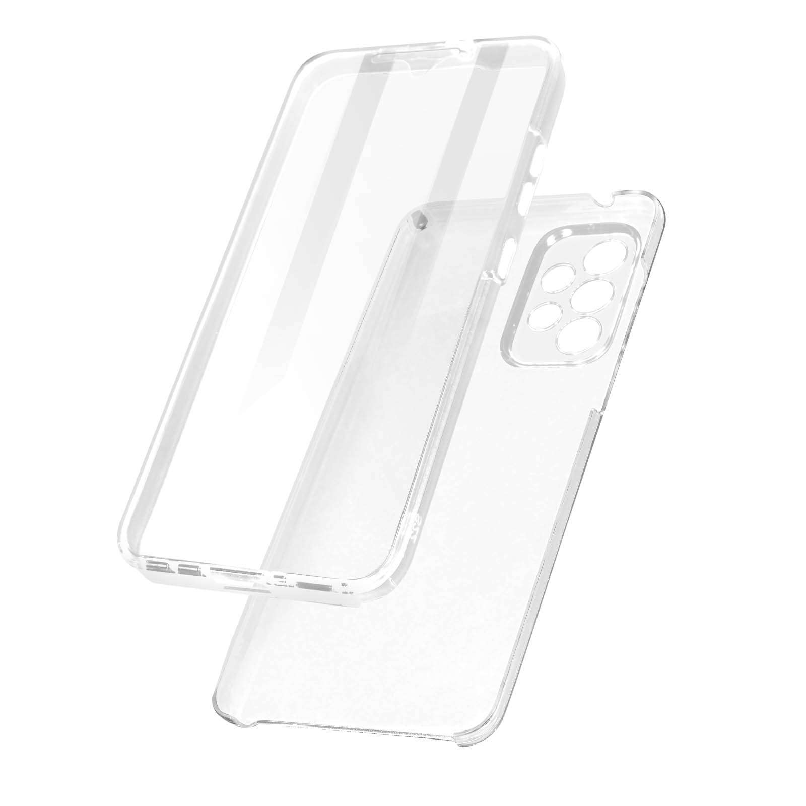 Custodia trasparente per telefono. È realizzata in plastica trasparente, che mostra la custodia e la protezione schermo.