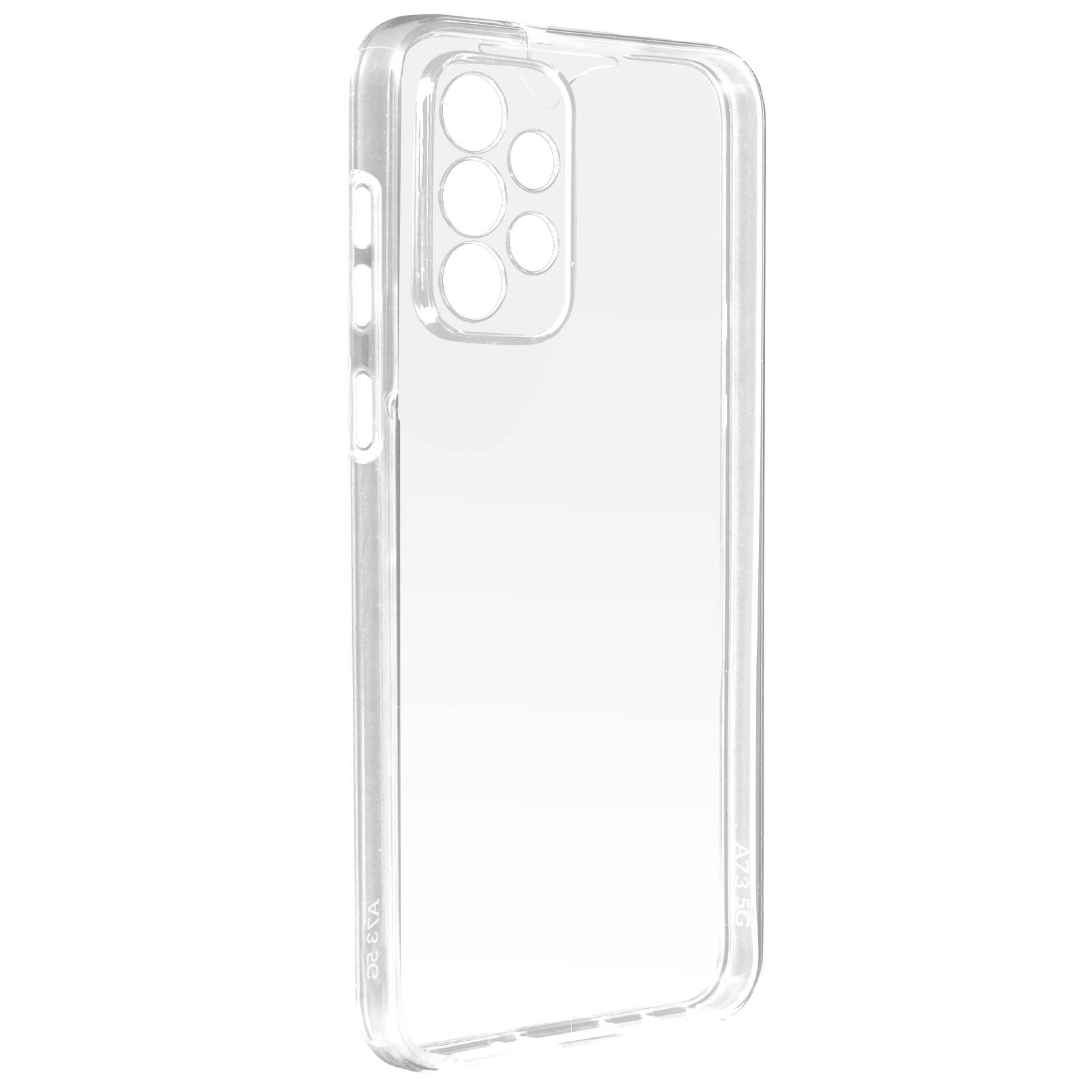 Custodia trasparente per telefono. Vista laterale. Trasparente. Sfondo bianco. Logo Samsung.