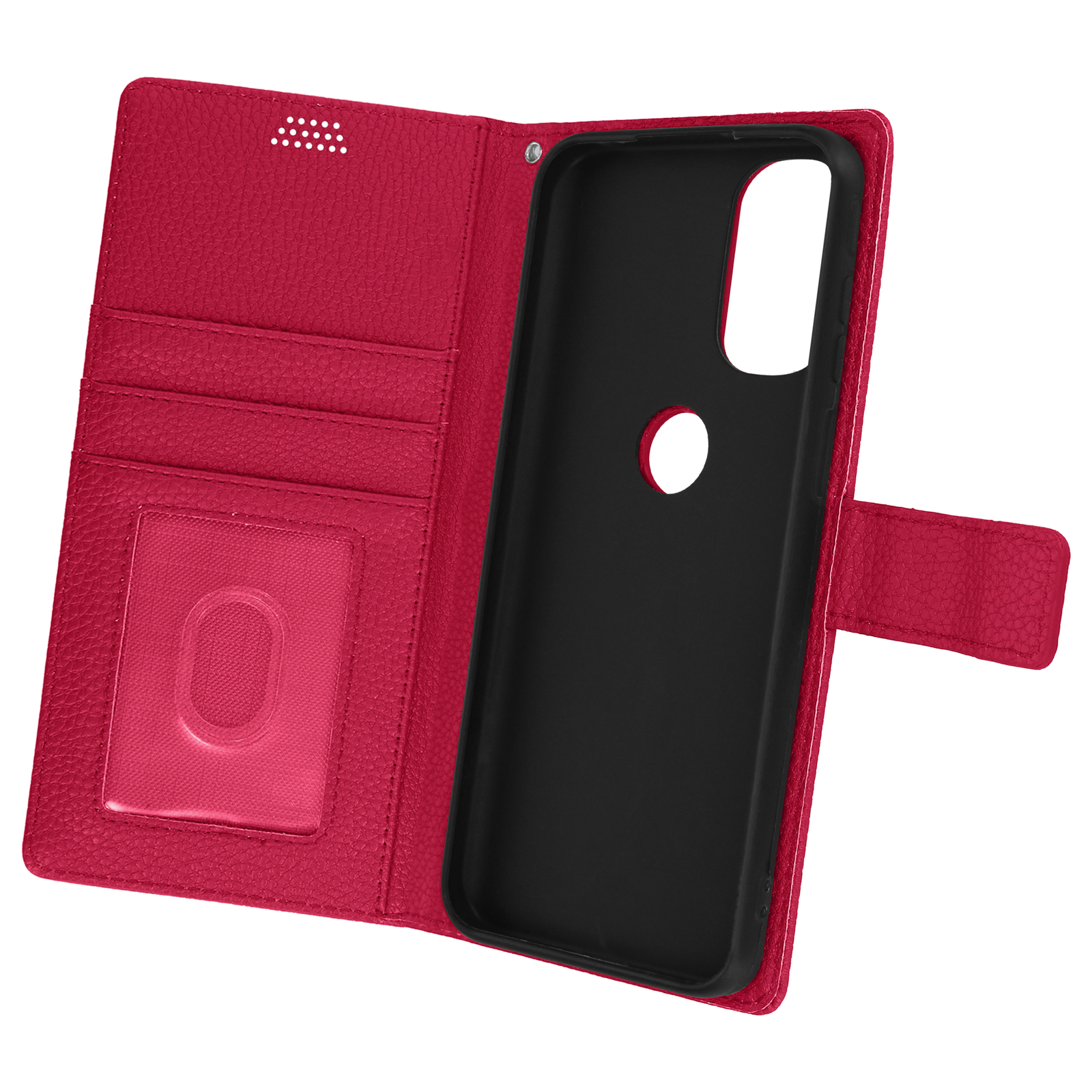 Rote Handy-Brieftasche, geöffnet, mit Kartenfächern und Telefonhalter.