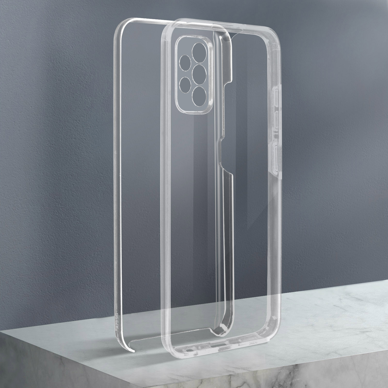 Una custodia trasparente per telefono con il coperchio rimosso.