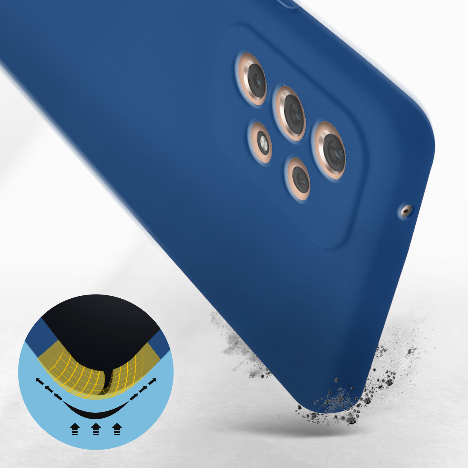 Close-up van een blauwe telefoonhoes met camera-uitsparingen en een valbeschermingsontwerp.