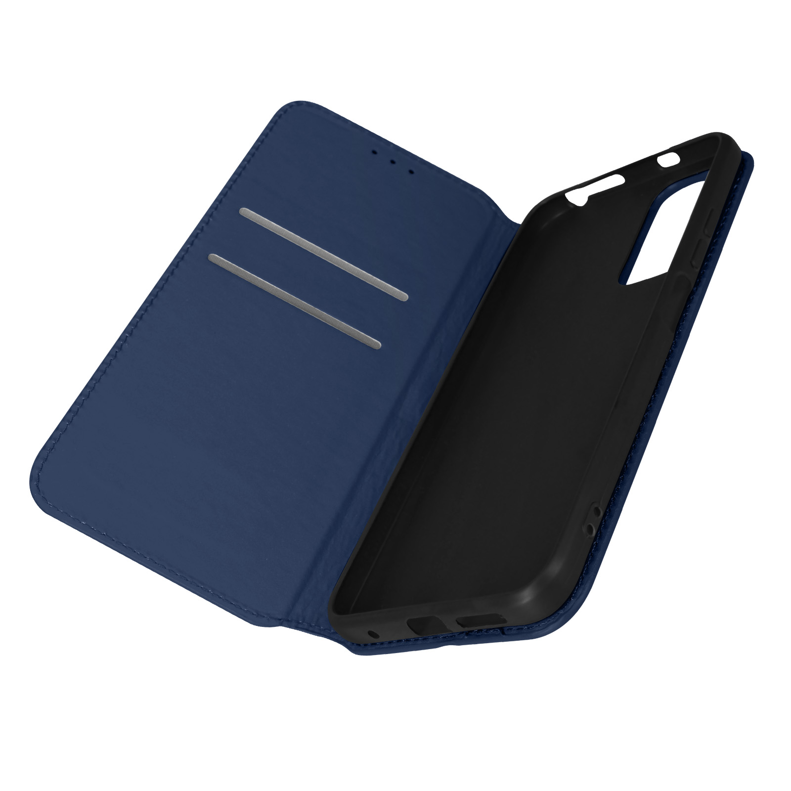 Blauw telefoonhoesje, open, met kaartsleuven en zwart interieur met telefoonvorm.
