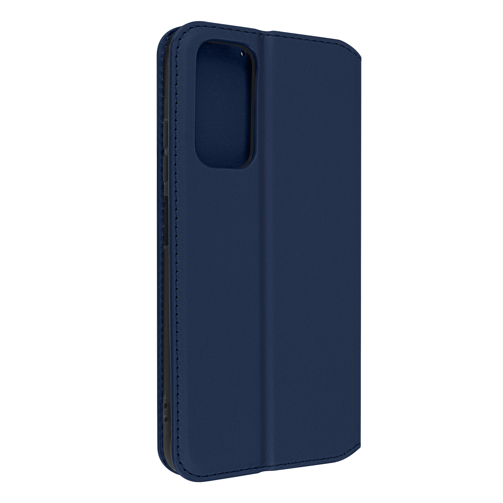 Un étui de téléphone bleu est présenté fermé. Il est en cuir et en position verticale.