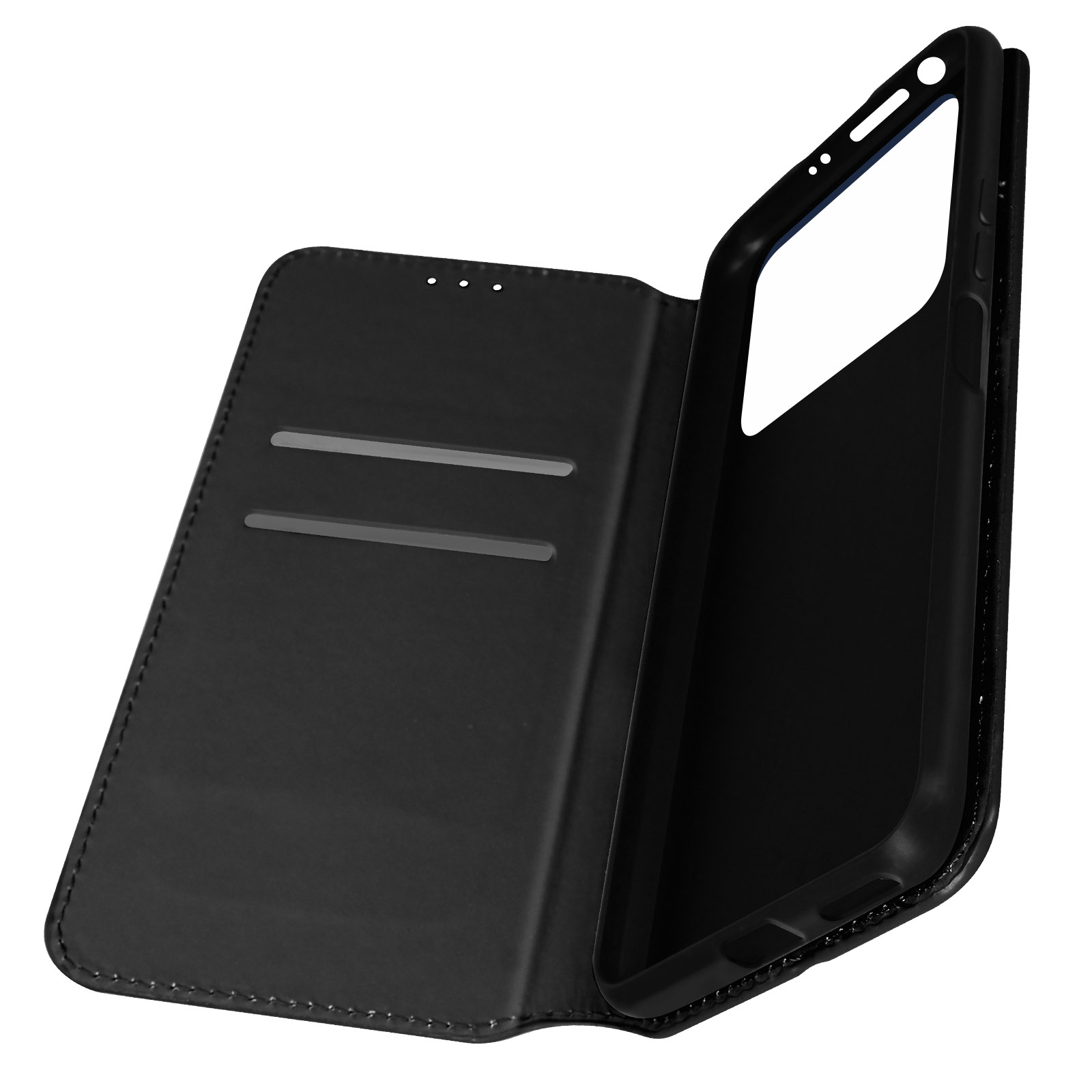 Étui de téléphone en cuir noir ouvert. Téléphone absent, emplacements pour cartes visibles à l'intérieur.
