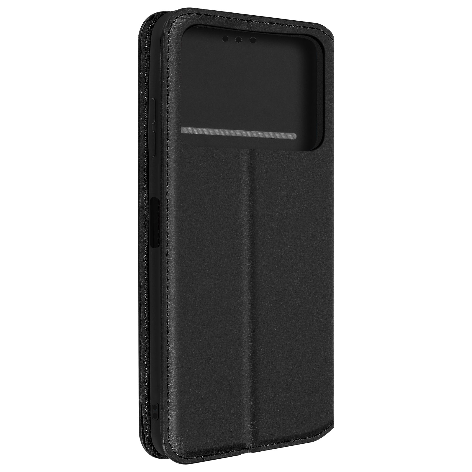 Coque de téléphone noire avec une fenêtre de visualisation, montrant une partie du téléphone. Le fond est simple.