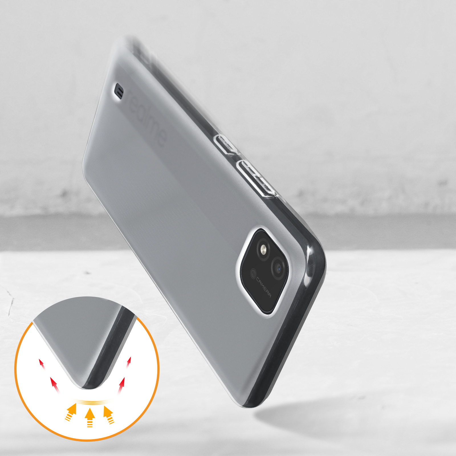 Custodia trasparente per telefono con telefono all'interno, che mostra fotocamera, pulsanti e protezione dagli urti.