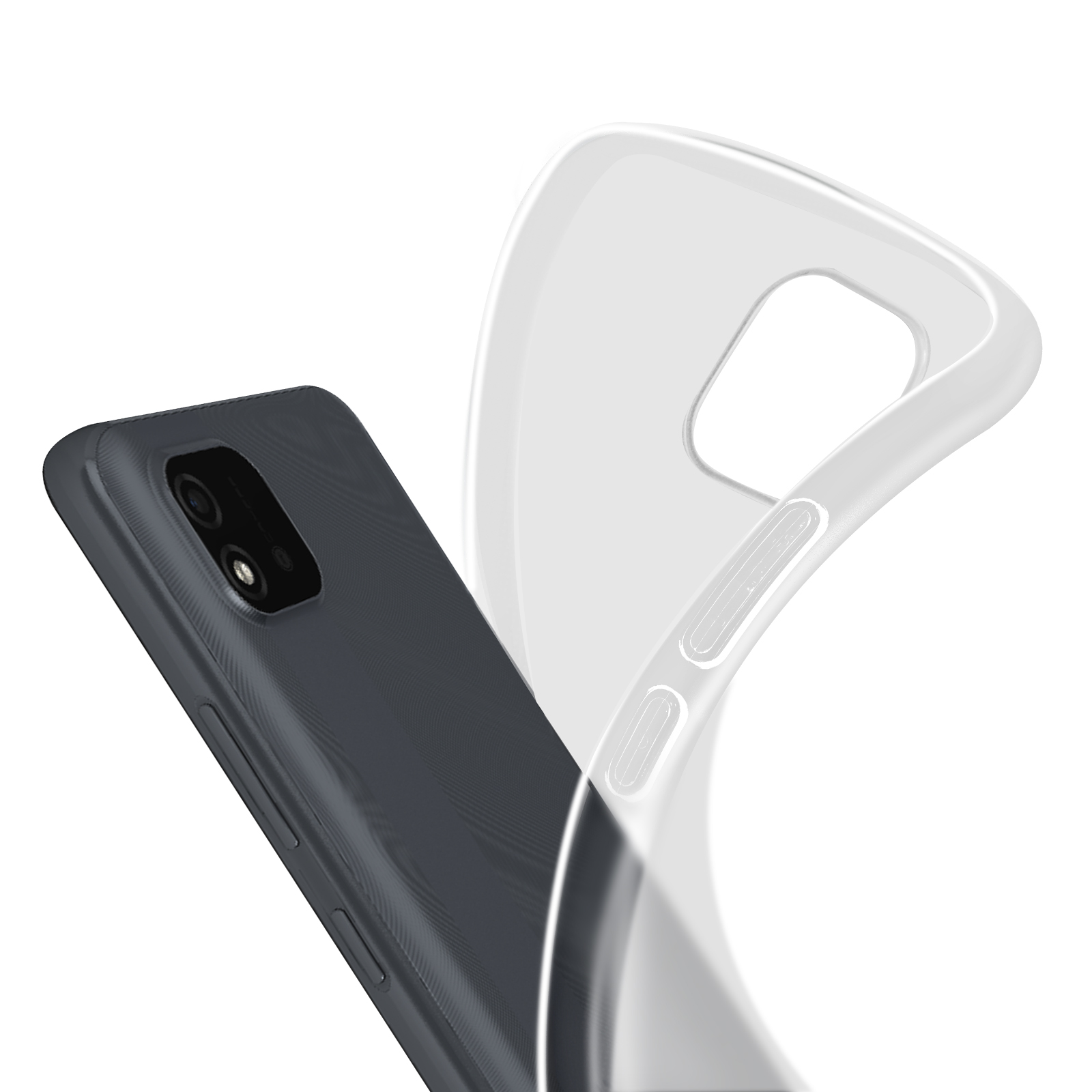 Custodia per telefono e telefono. Custodia nera, custodia trasparente sul lato. Sfondo bianco.
